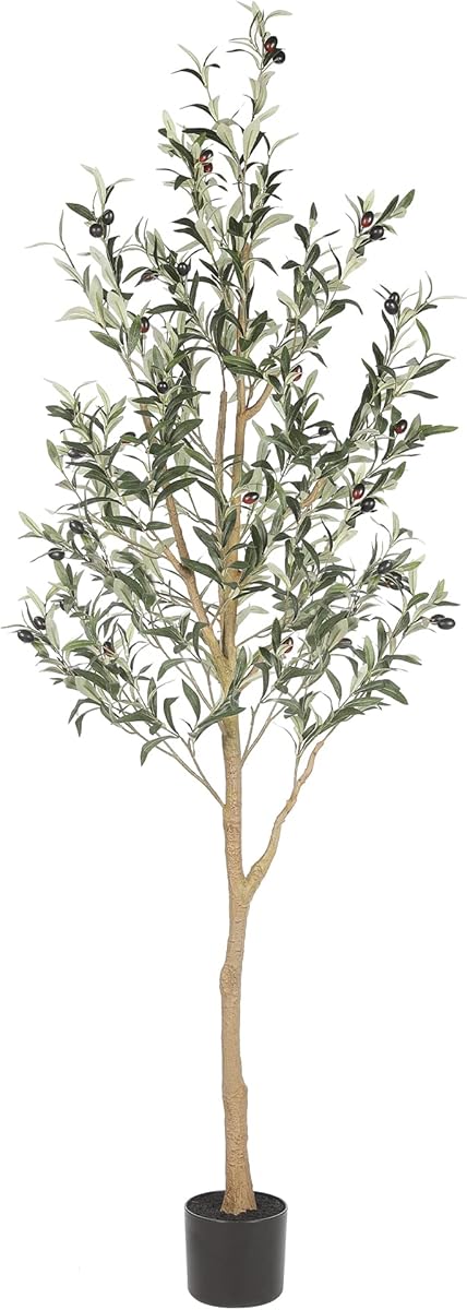 A six-foot artificial olive tree with realistic silver-green foliage in a natural pot
