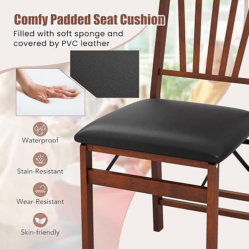 Miniatura 6 de DORTALA Juego de 4 sillas de comedor plegables, sillas de cocina tapizadas de madera con cojín de asiento acolchado de PVC, marco de madera de goma,