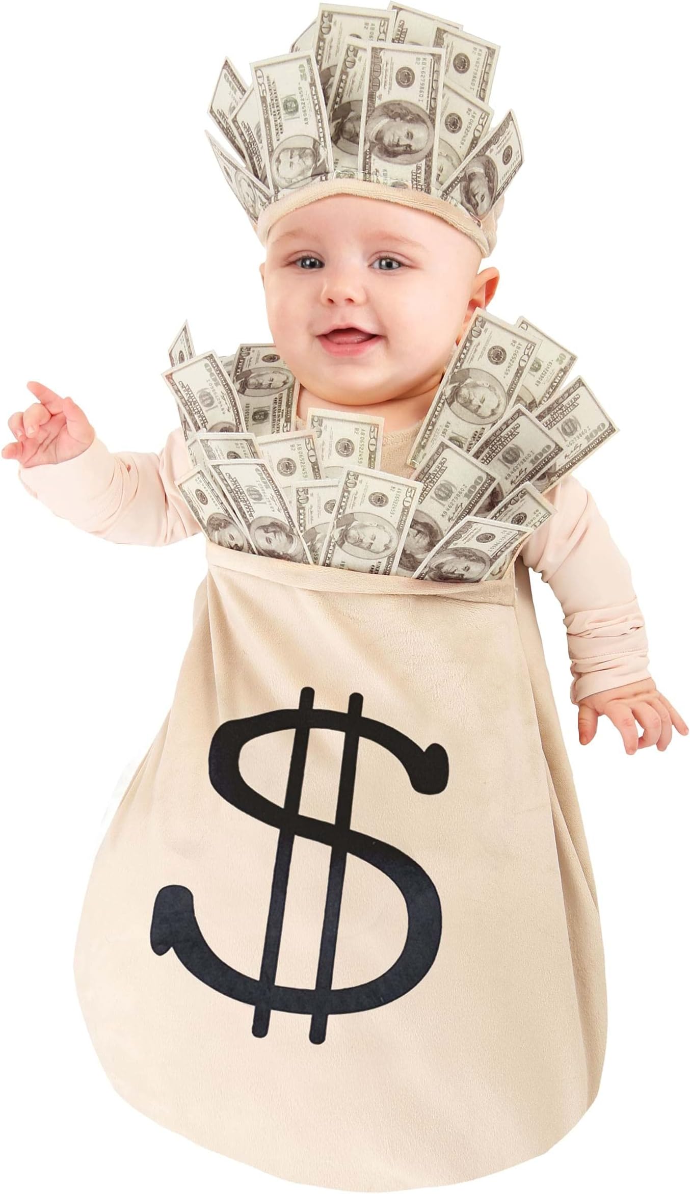 Fun CostumesInfant Money Bag Costume, Plush Sleeveless Bunting with Dollar Sign and Money Details