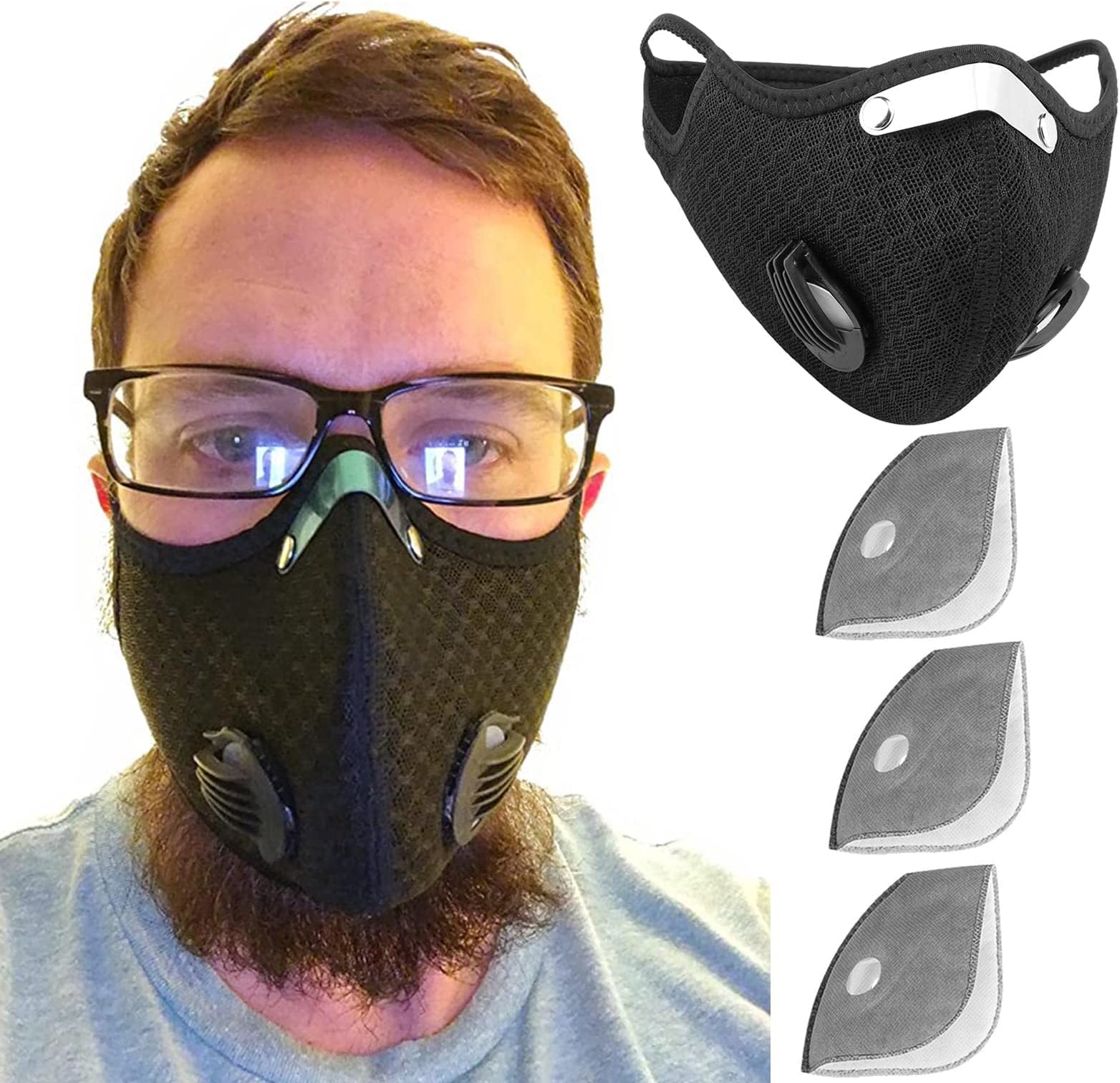 Black Face Mask with Filters Unisex Reusable Face Masks Adjustable Washable Masks with 3 Replaceable Filters for Cycling, Running, Outdoor Sports