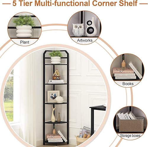 Miniatura 6 de Estantería esquinera industrial de 5 niveles, estante esquinero independiente con marco de metal, soporte de esquina abierto para plantas para