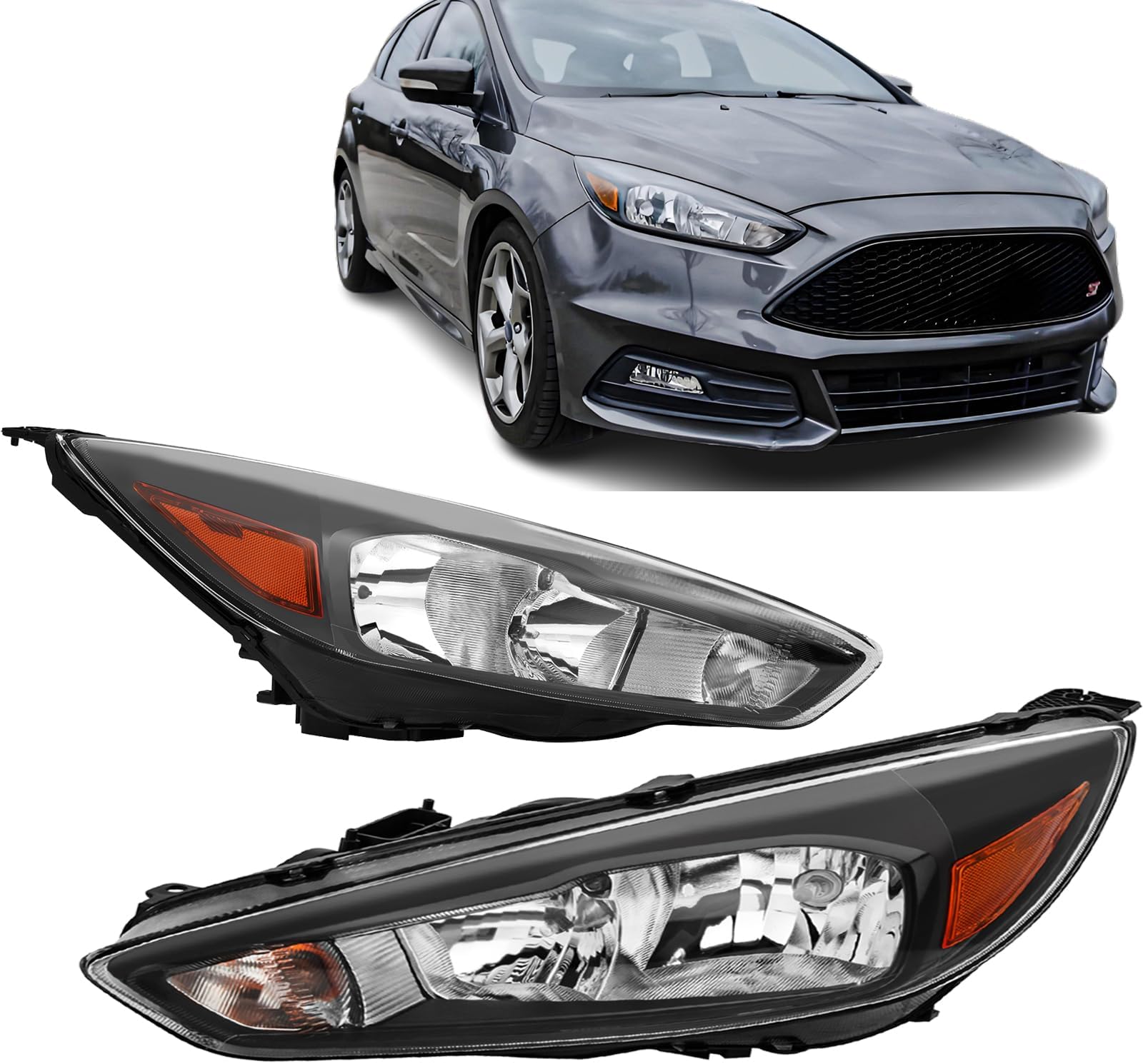 Headlight Assembly Compatible with 2015-2018 Ford Focus S | SE | ST Halogen Headlamp Pair, Black Housing Amber Corner