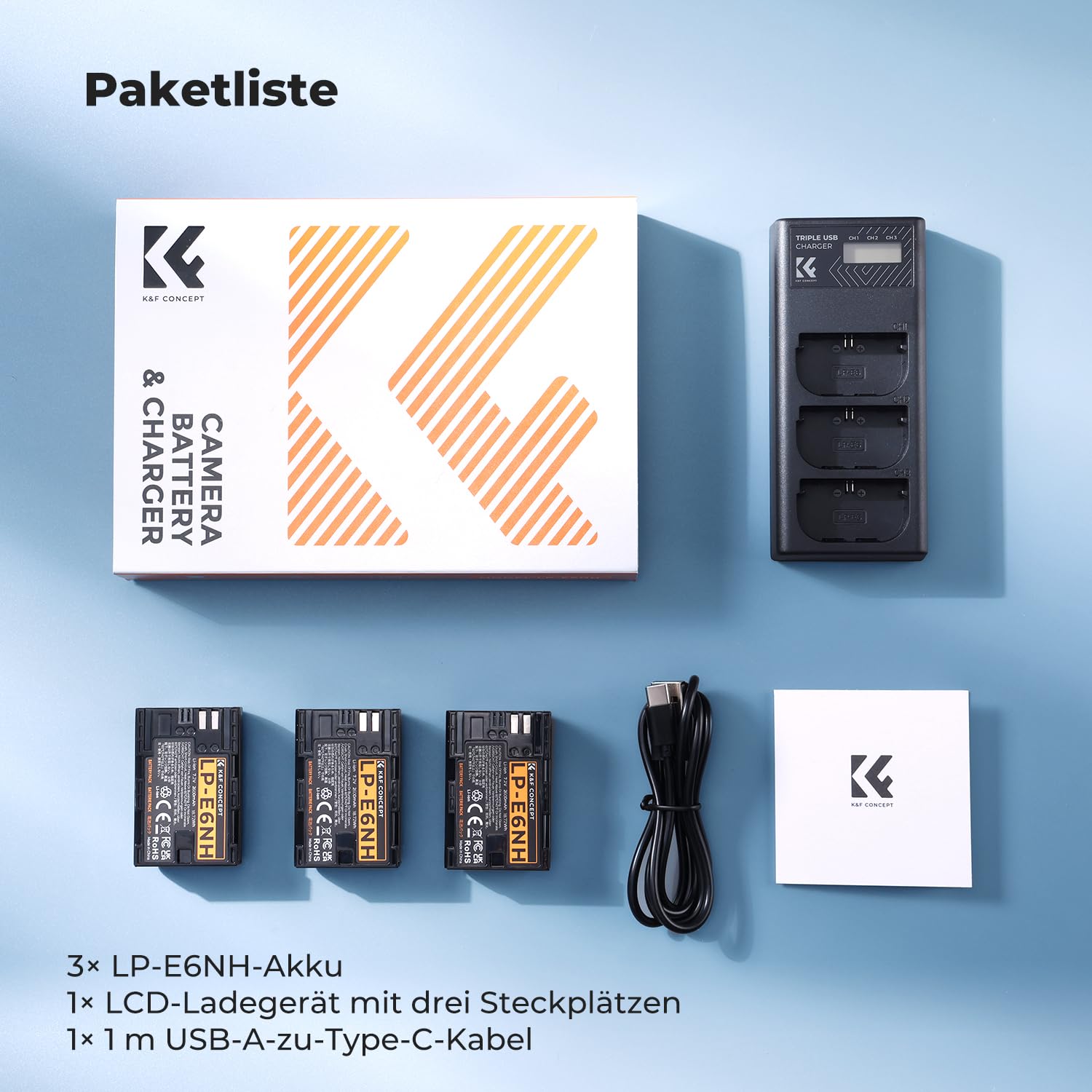 K&F CONCEPT LP-E6NH Akku,2600mAh (3er Pack) und 3-Slot Ladegerät Akku-Kit,Kompatibel mit Canon EOS R7 R5 EOS R6 EOS R 5D II III IV 6D 6D II 7D 7D II 60D 70D 80D 90D