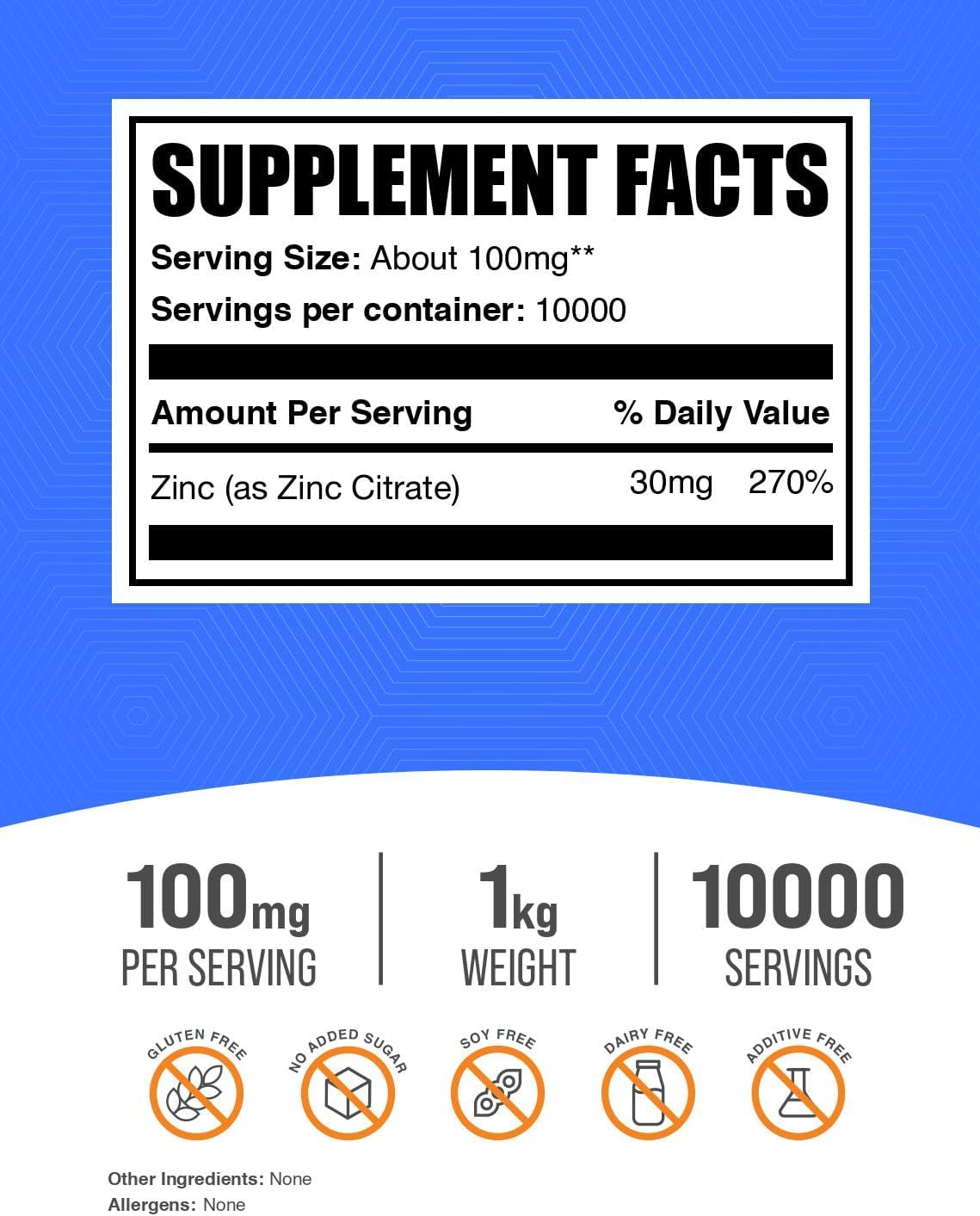 BulkSupplements.com Zinc Citrate Powder - Zinc Supplements, Mineral Supplement, for Immune Support - Gluten Free, 100mg per Serving, 1kg (2.2 lbs) (Pack of 1)