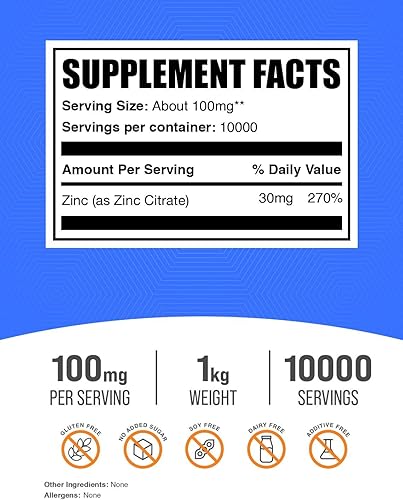 Miniatura 9 de BulkSupplements com Polvo de citrato de zinc - Suplementos de zinc - Zinc puro - Zinc elemental - Suplementos minerales de zinc - Suplemento de zinc
