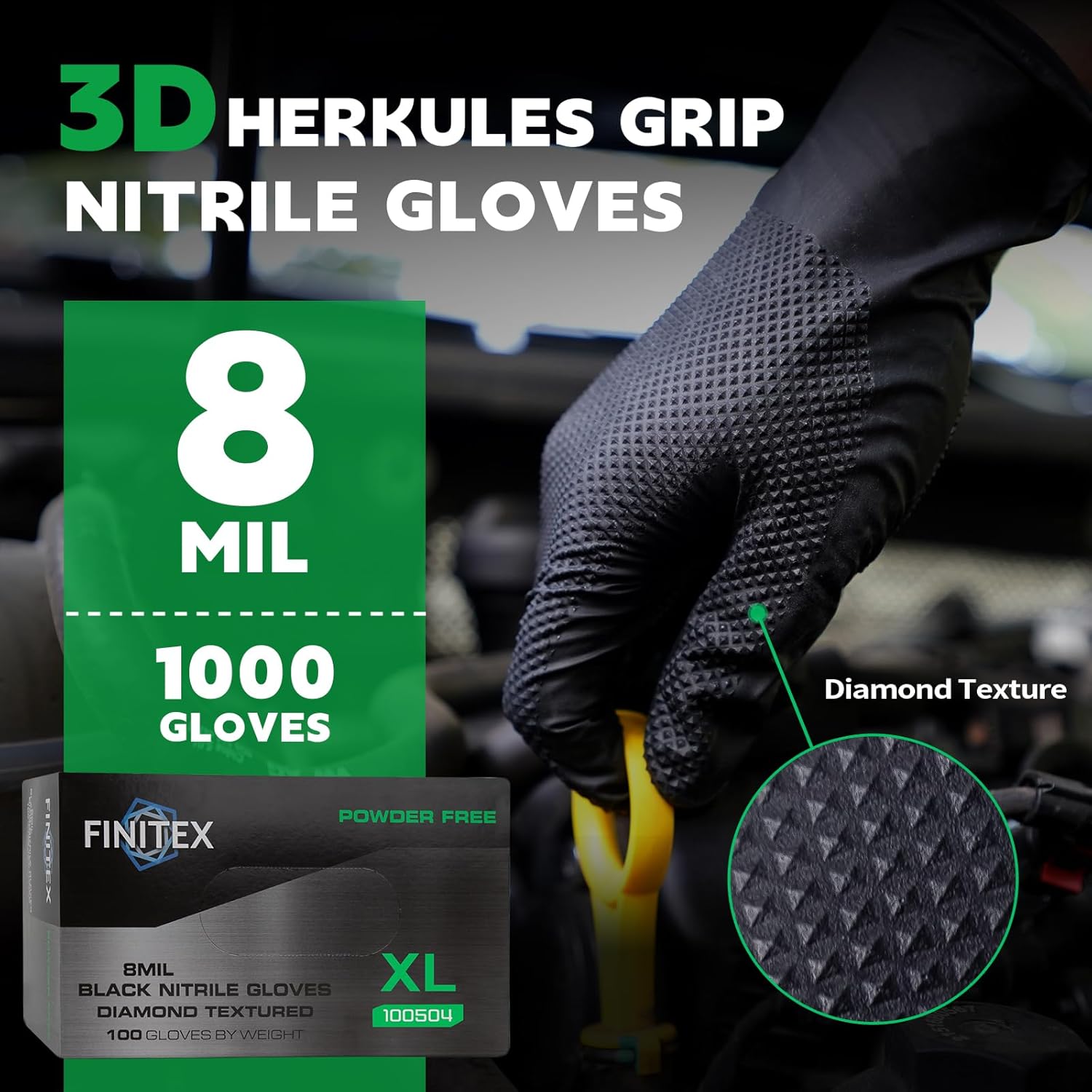 FINITEX Industrial Diamond Texture Nitrile Black Glove - 100/1000PCS Chemical Resistant 8mil Mechanic Disposable Gloves