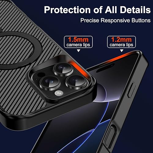 Miniatura 6 de Funda para iPhone 16 Pro Max con soporte magnético de 360 compatible con MagSafe, funda protectora de fibra de carbono + 2 protectores de pantalla