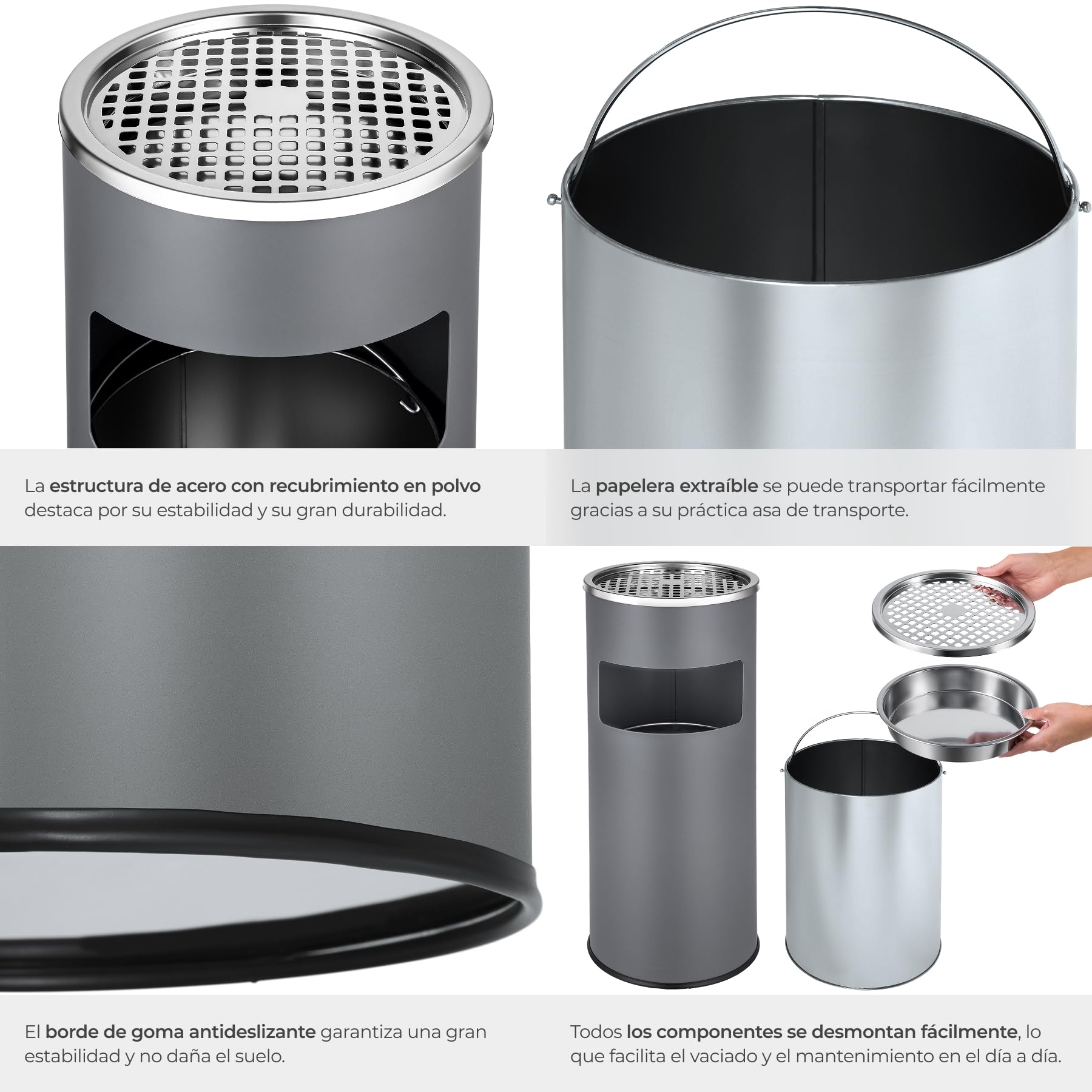 tectake® Cenicero de Pie y Cubo Interior Extraíble, Antideslizante, Metal Resistente, Papelera Oficina, Cenicero Exterior, Ceniceros, Papelera Exterior - Antracita