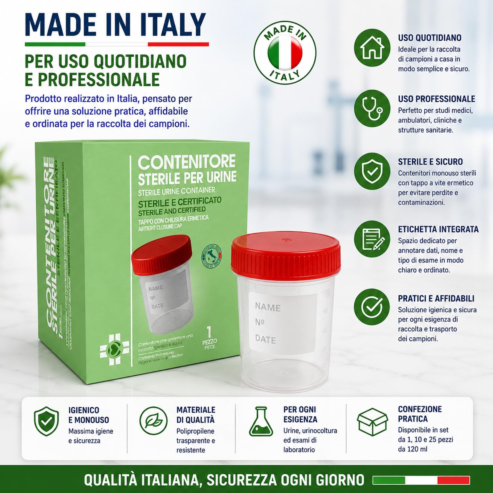 Topolenashop 4 Contenitori Urine Sterili 120 ml con Tappo a Vite ed Etichetta – Vasetti Monouso per Analisi Urine, Urinocoltura ed Esami di Laboratorio, Made in Italy