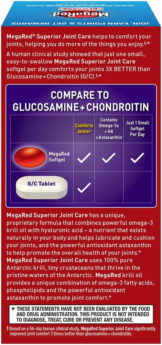 MegaRed 353mg Omega-3 Krill Oil Joint Care Supplement with EPA/DHA Fatty Acids, Antioxidants, Hyaluronic Acid, No Fishy Burp Aftertaste as with Fish Oil, 60 Count Softgels