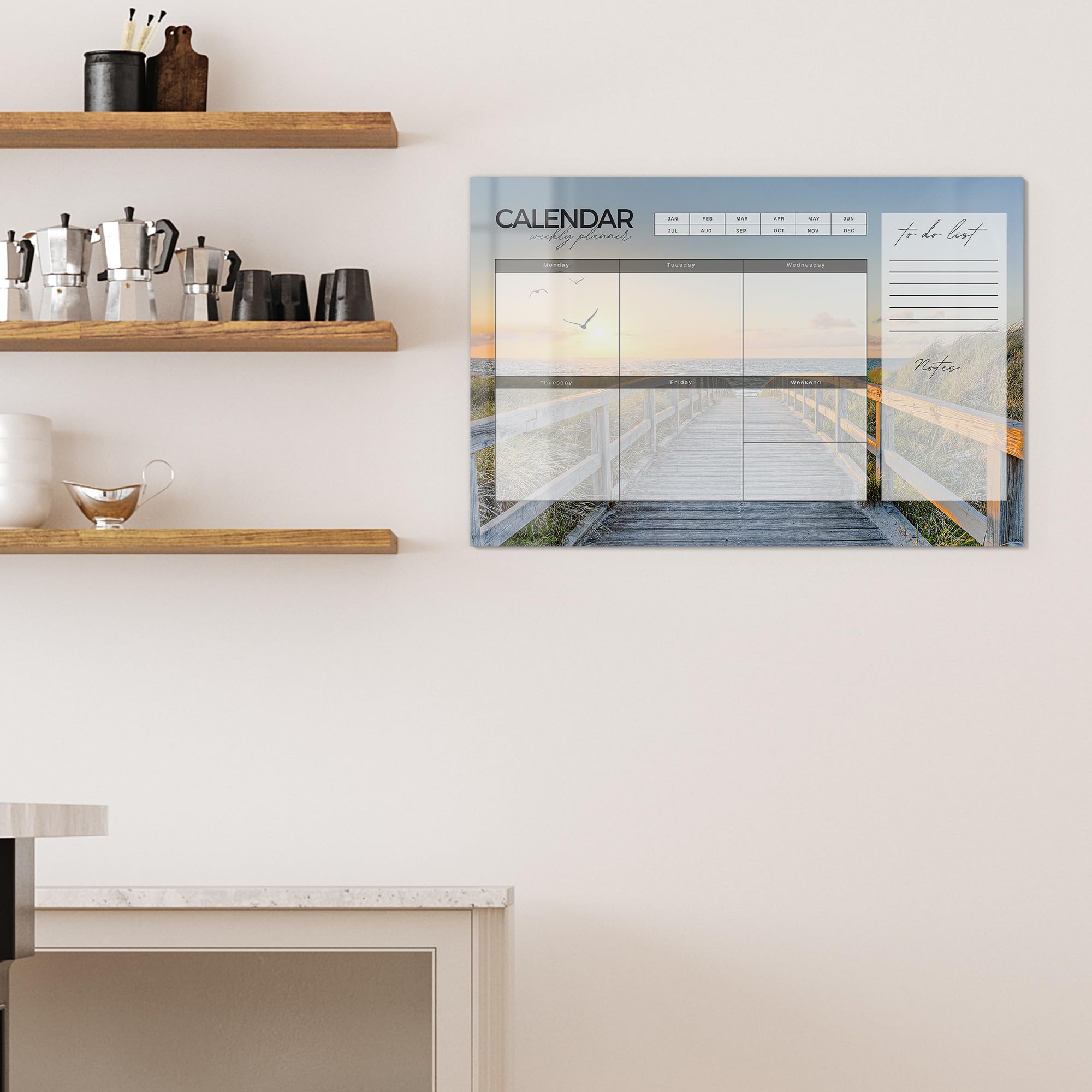 DEQORI Lavagna magnetica in vetro | 90 x 60 cm | motivo "Agenda settimanale Mar Baltico (EN)" | Lavagna magnetica con magneti, penna e panno per cucina e ufficio | Lavagna magnetica e scrivibile