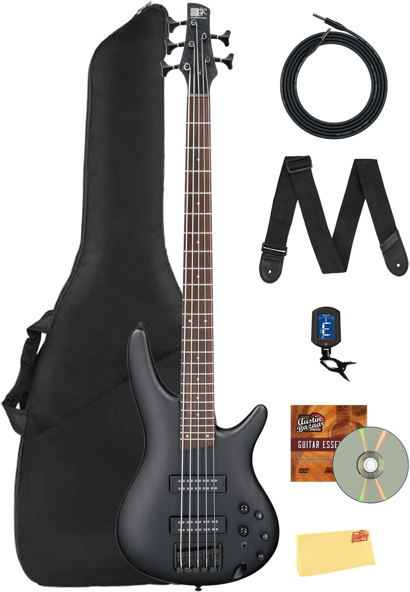 SR305E SR Standard 5-String Bass Guitar - Weathered Black Bundle with Gig Bag, Tuner, Strap, Instrument Cable, Austin Bazaar Instructional DVD, and Polishing Cloth