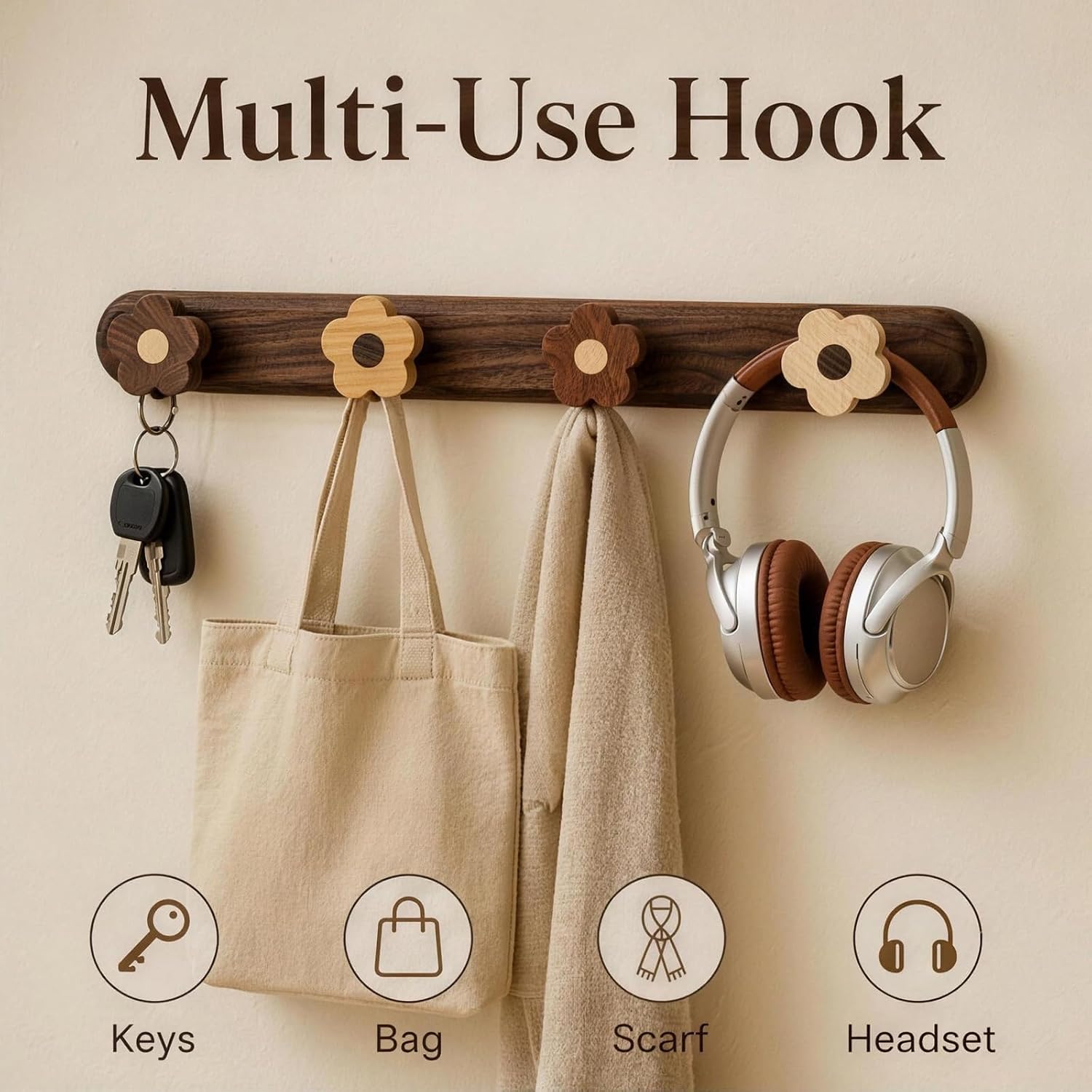 Walnut Wood Floral Hooks, Wooden Wall Hooks, Kids Coat Rack Wall Mount, Decorative Coat Hanger Wall Mount for Entryway Bedroom Home Storage