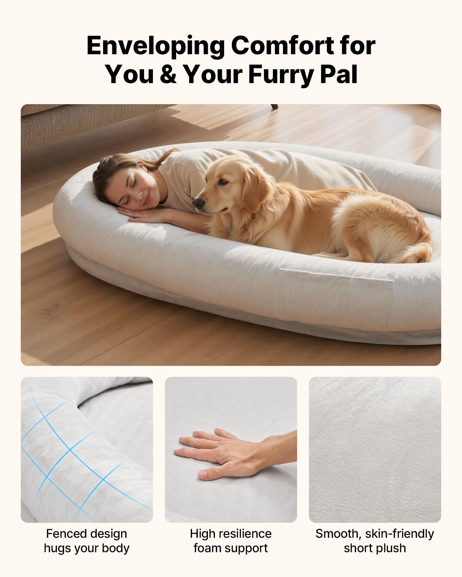 VEVOR Cama para Perros, 178 x 120 x 24 cm, Peluche Corto, de Espuma Viscoelástica, Tamaño Humano, con Bolsillo Lateral, Asa y Cremallera, Funda Extraíble y Lavable a Máquina, Gris, Diseño Ovalado