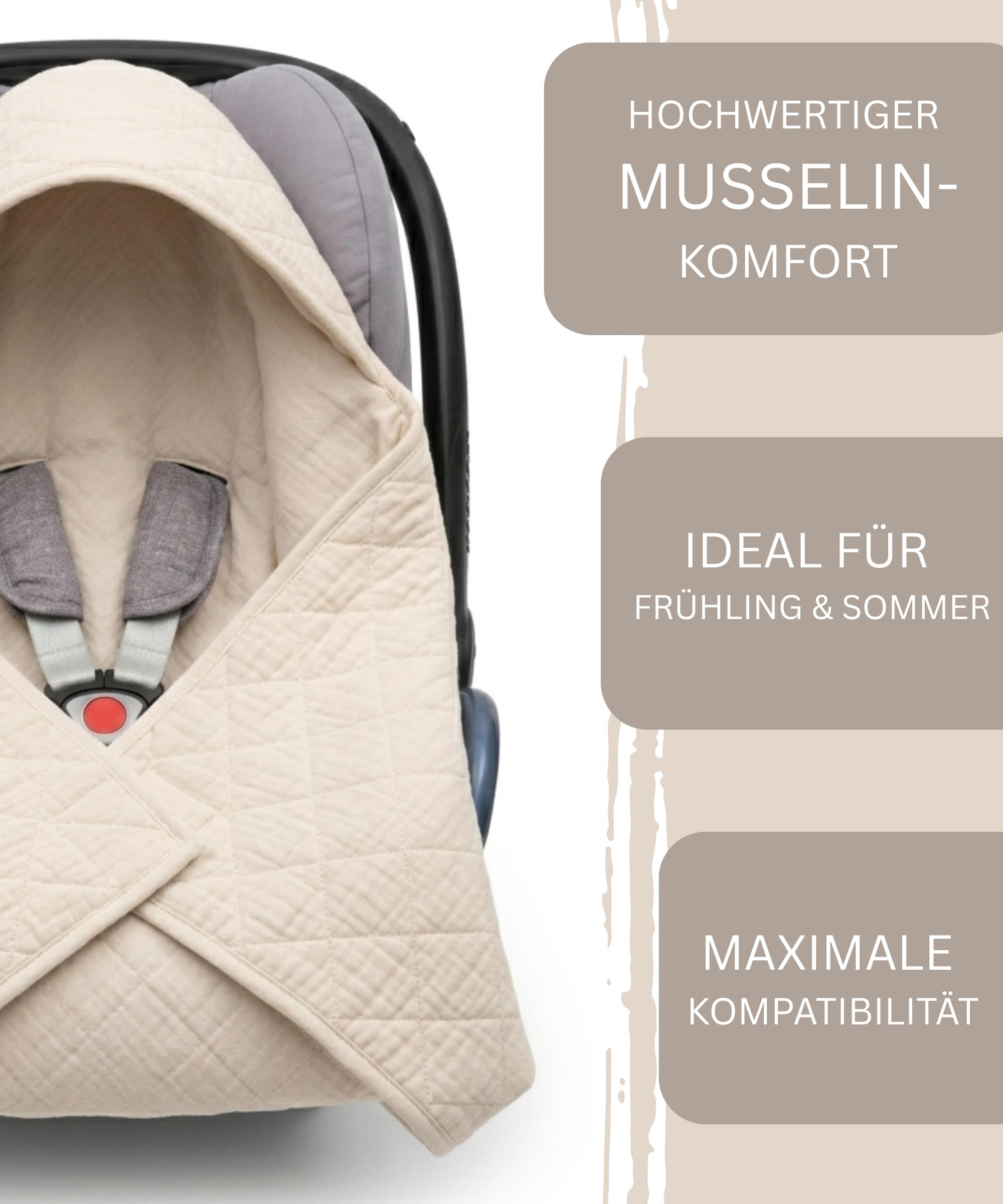 Musselin Einschlagdecke Baby für Babyschale & Kinderwagen - Universal 3/5-Punkt-Gurt - 100% Baumwolle, 78x78cm - Leichte Babydecke Sommer & Frühling