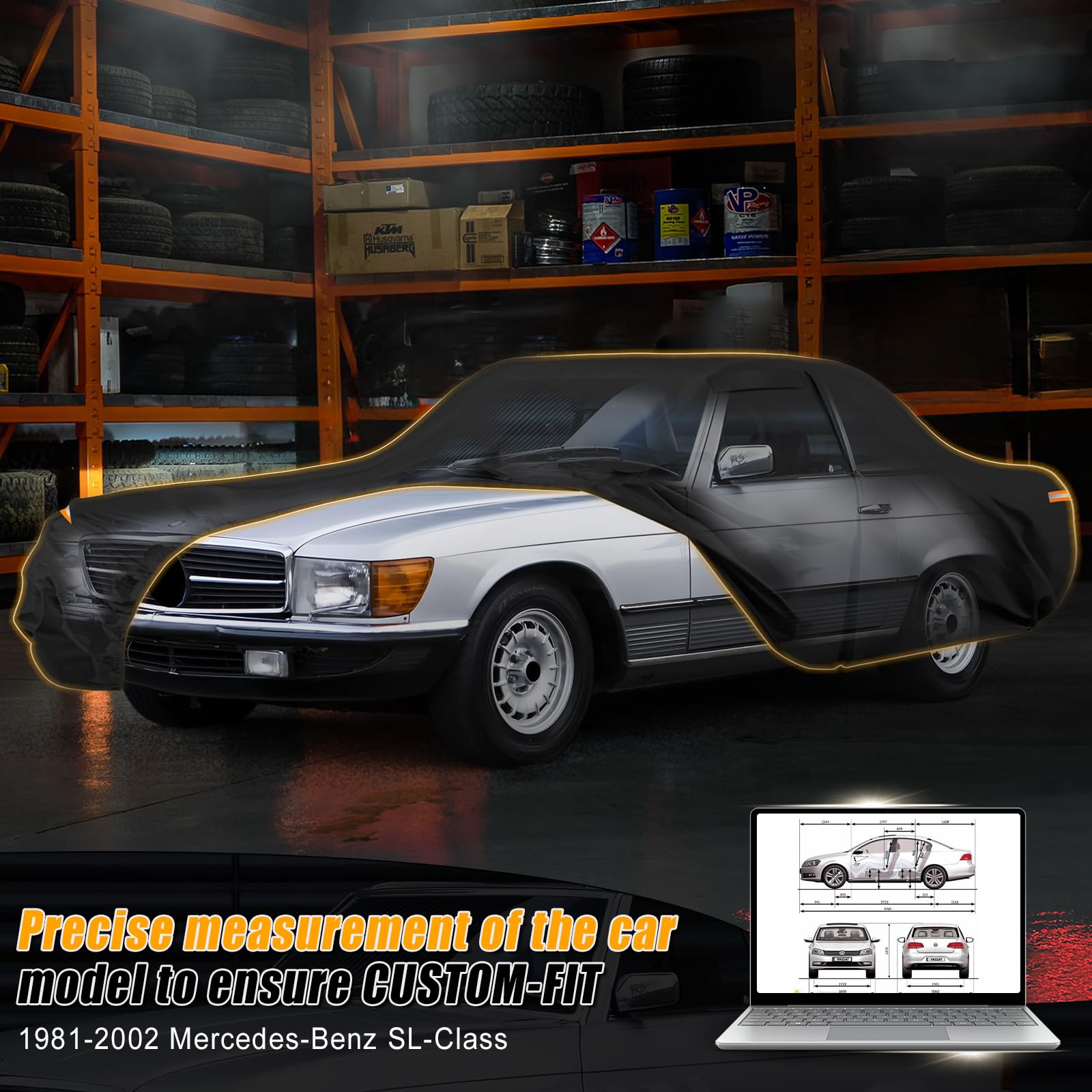 Autoabdeckung Wasserdicht für 1981-2002 Mercedes-Benz SL-Class | Vollgarage Autoplane Auto Abdeckplane Winter Sommer Allwetter Outdoor Abdeckung mit Reißverschluss Tür, Windschutzbänder