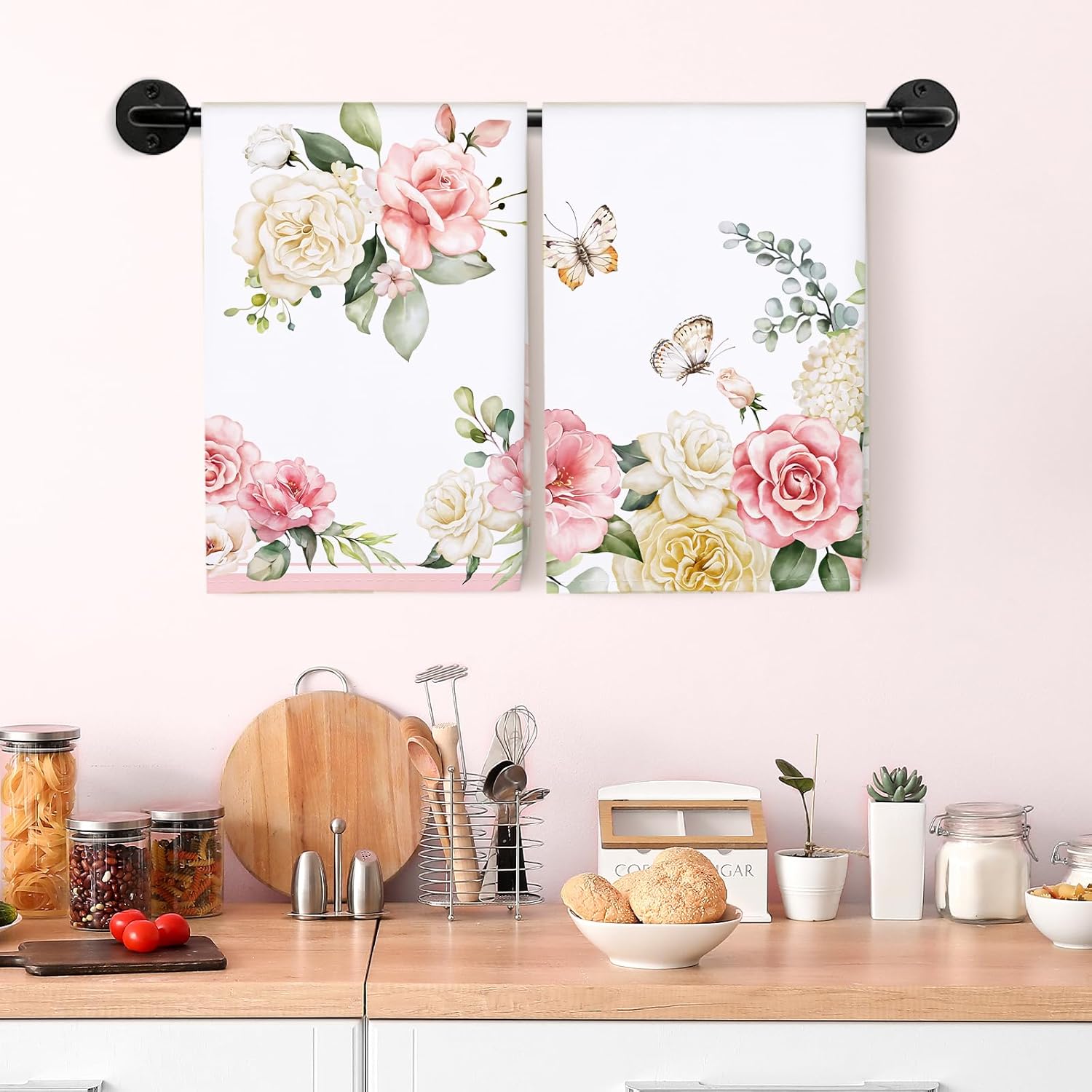 4Pcs Watercolor Flower Kitchen Tea Towels 100% Cotton Pink Floral Butterfly Hand Towels Multiple Uses Quick Dry Dish Cloth for Table, Kitchen Decor, Housewarming Gifts - Image 6