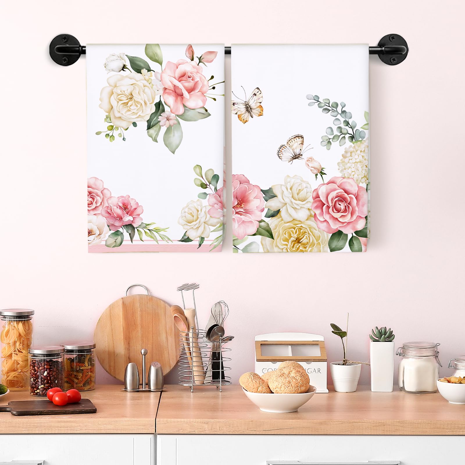 Set 4 Strofinacci Da Cucina Fiore Acquerello - Cotone 100%, 48x70 Cm, Motivi Farfalle - Super Assorbenti E Decorativi - Foto 11