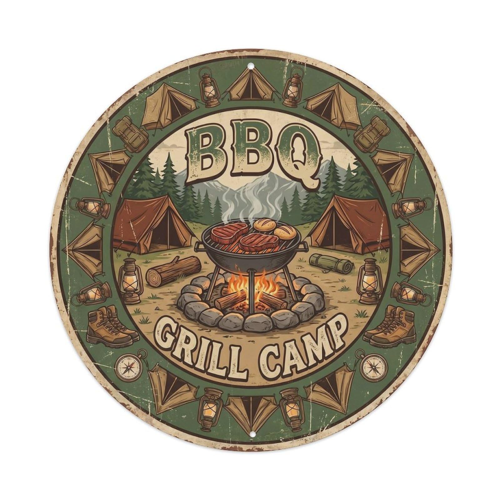 BBQ Barbecue Grill Camp Vintage Metal Tin Sign Plaque Wall Decor for Cafe, Club, Garden Round Metal Poster 8x8Inch