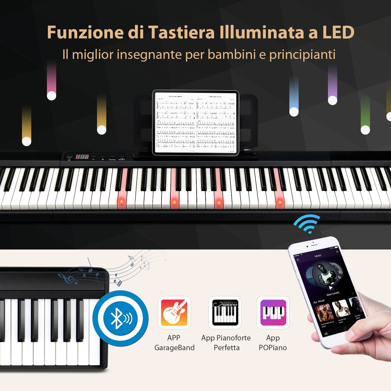COSTWAY Tastiera Pianoforte Elettronica 88 Tasti, Pianoforte Digitale con Luci, Tastiera Elettronica con Borsa, 128 Ritmi e Toni, Sustain Pedale, Midi/USB/Bluetooth, per Principianti Bambini Adulti