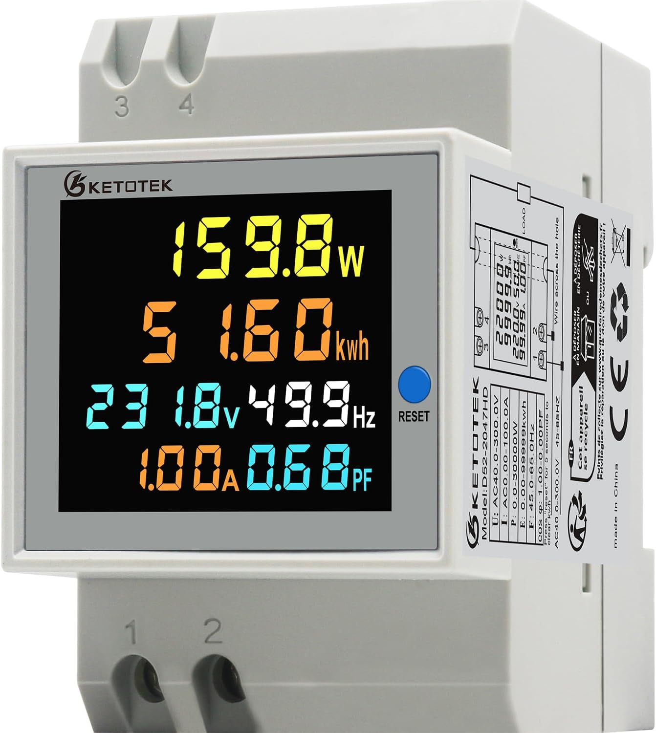KETOTEK Energy Meter Single Phase AC40-300V 100A, Din Rail KWH Meter, Power Electricity Volt Amp Watt Consumption Voltmeter Ammeter with CT