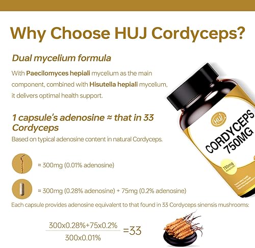 Miniatura 4 de HUJ Cordyceps Cápsulas de hongos  Suplemento Cordyceps con micelio dual  Salud renal, salud inmune y apoyo energético  60 cápsulas