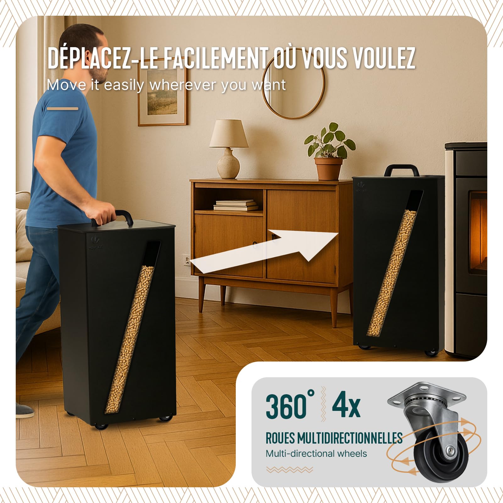 VOUNOT® Depósito de Pellets Granulados 45 kg con Ruedas 36x36x76 cm Negro