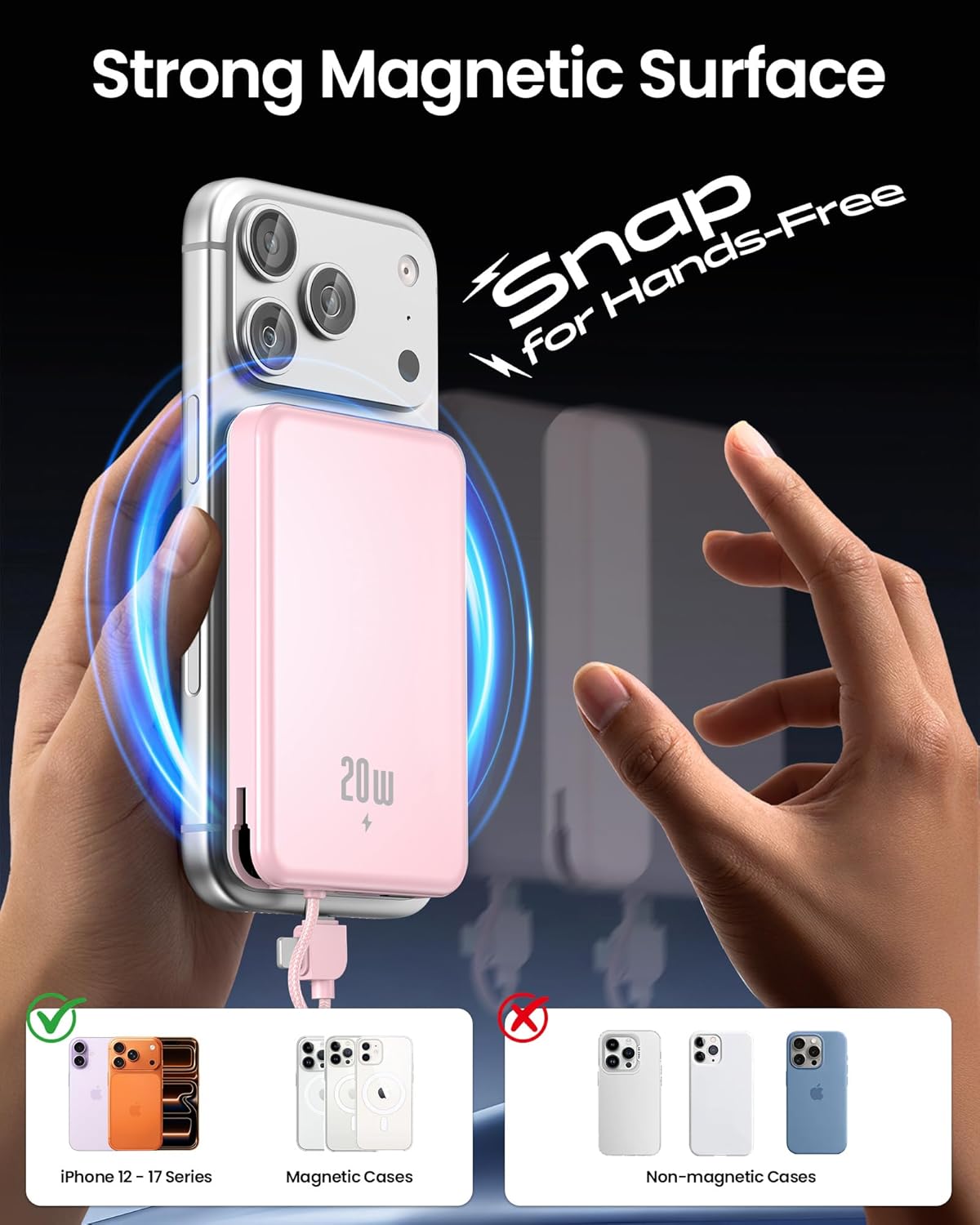 golioklsy Portable Charger Power Bank, 10000mAh Phone Charger with Built-in Cable, 20W PD Fast Charging, Slim Battery Pack with LED Display, Travel Essential for iPhone 17/16/15/14 All Series, Pink