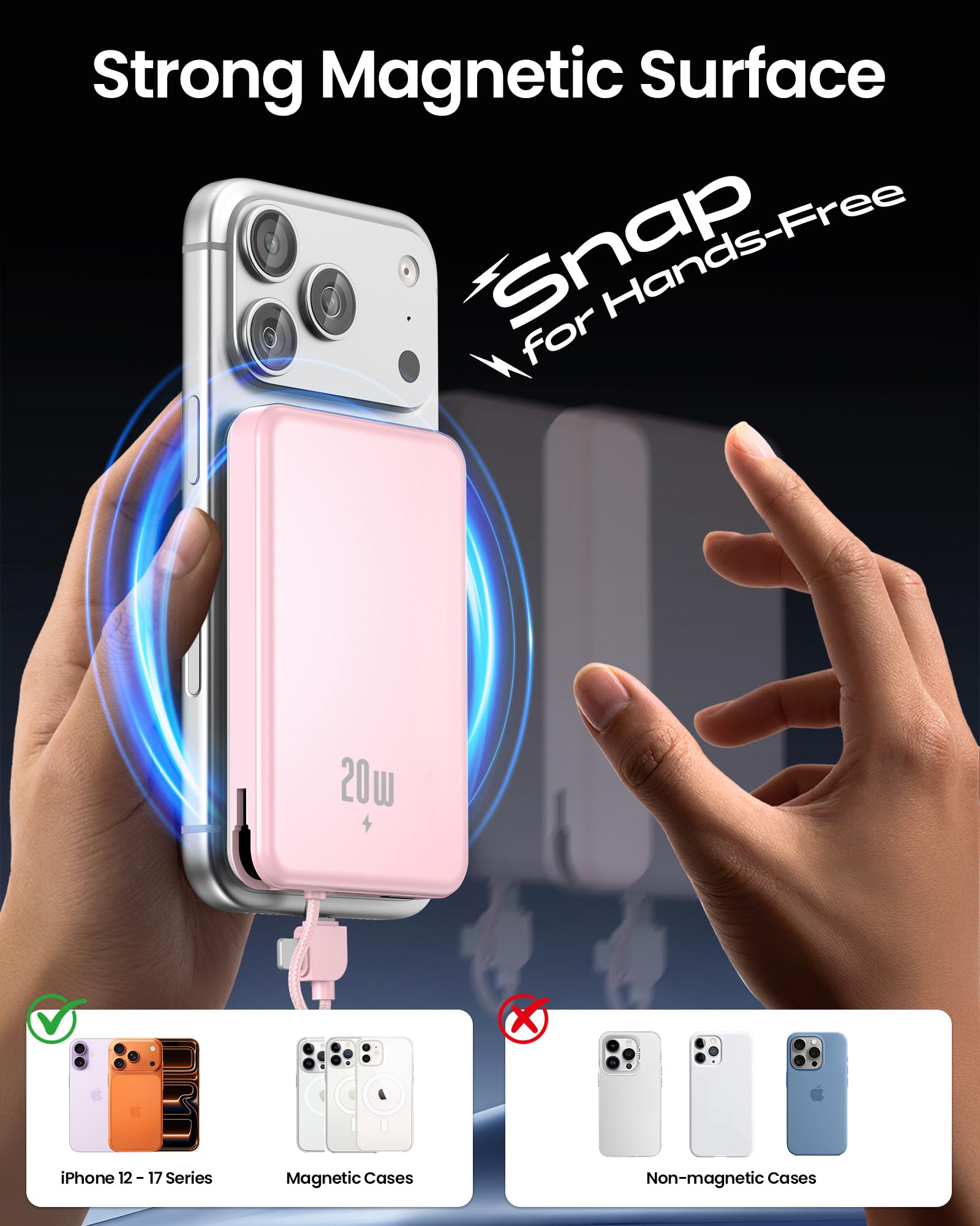 golioklsy Caricabatterie portatile Power Bank, 10000 mAh, caricabatterie per telefono con cavo integrato, ricarica rapida PD da 20 W, batteria sottile con display LED, essenziale da viaggio per iPhone