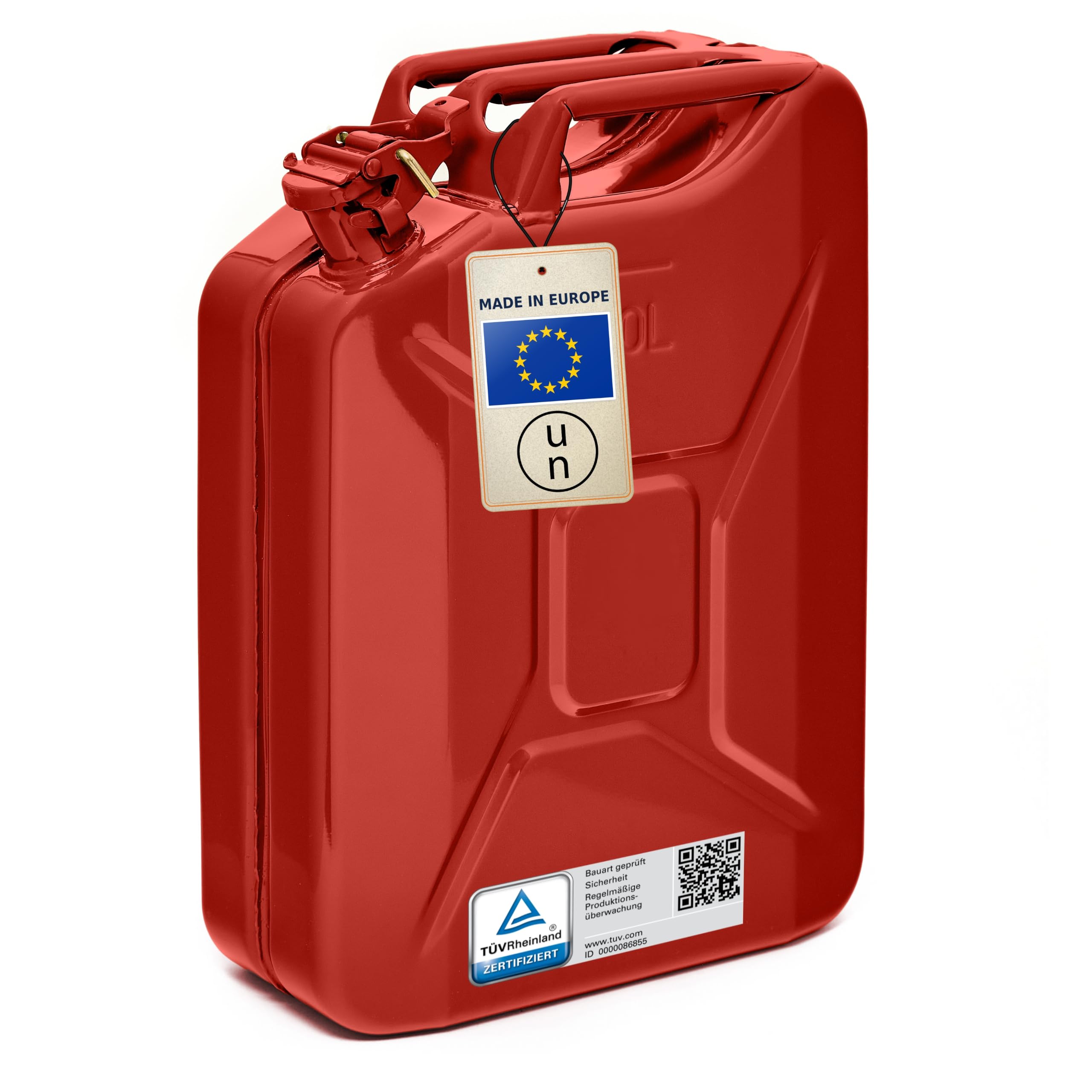 BW© Tanica per carburante in metallo, 20 litri, colore rosso, RAL 3000, certificata TÜV e approvazione ONU, Made in Europe