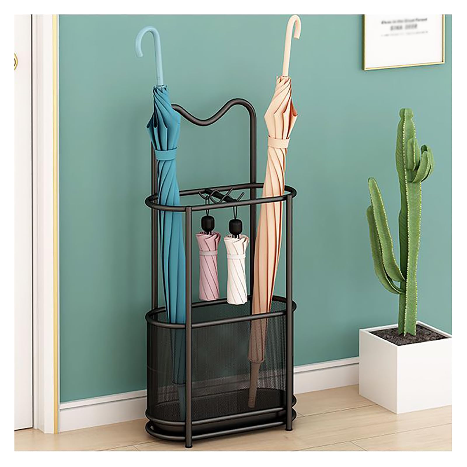 Metalowy stojak na umb z 4 haczykami, solidna konstrukcja na laski do chodzenia, uchwyt podłogowy, do przedpokoju, domu, biura, kolor czarny