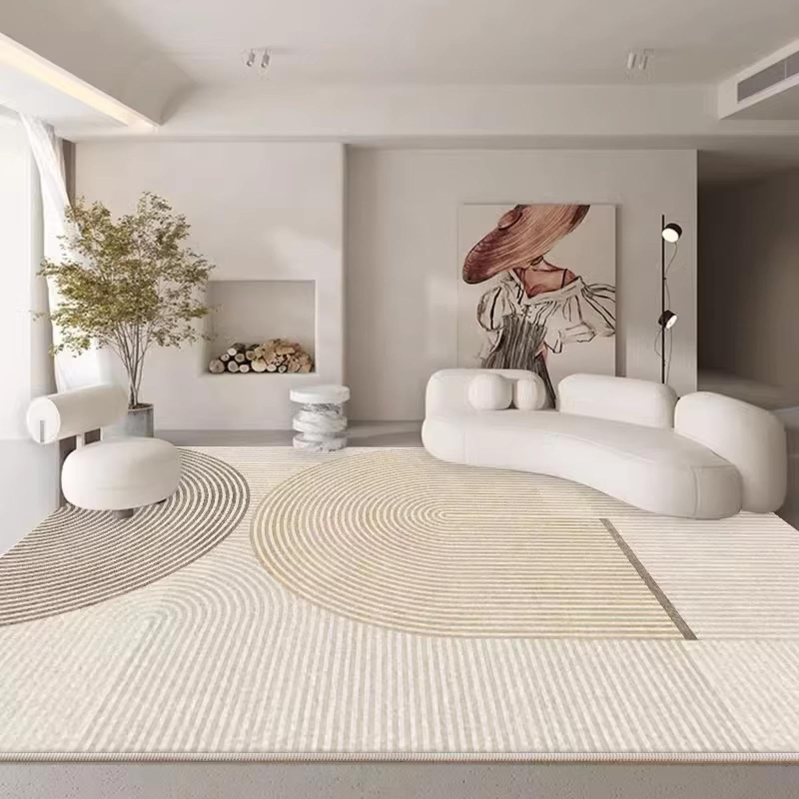 Alfombra de salón beige con líneas de diseño minimalista para un hogar acogedor