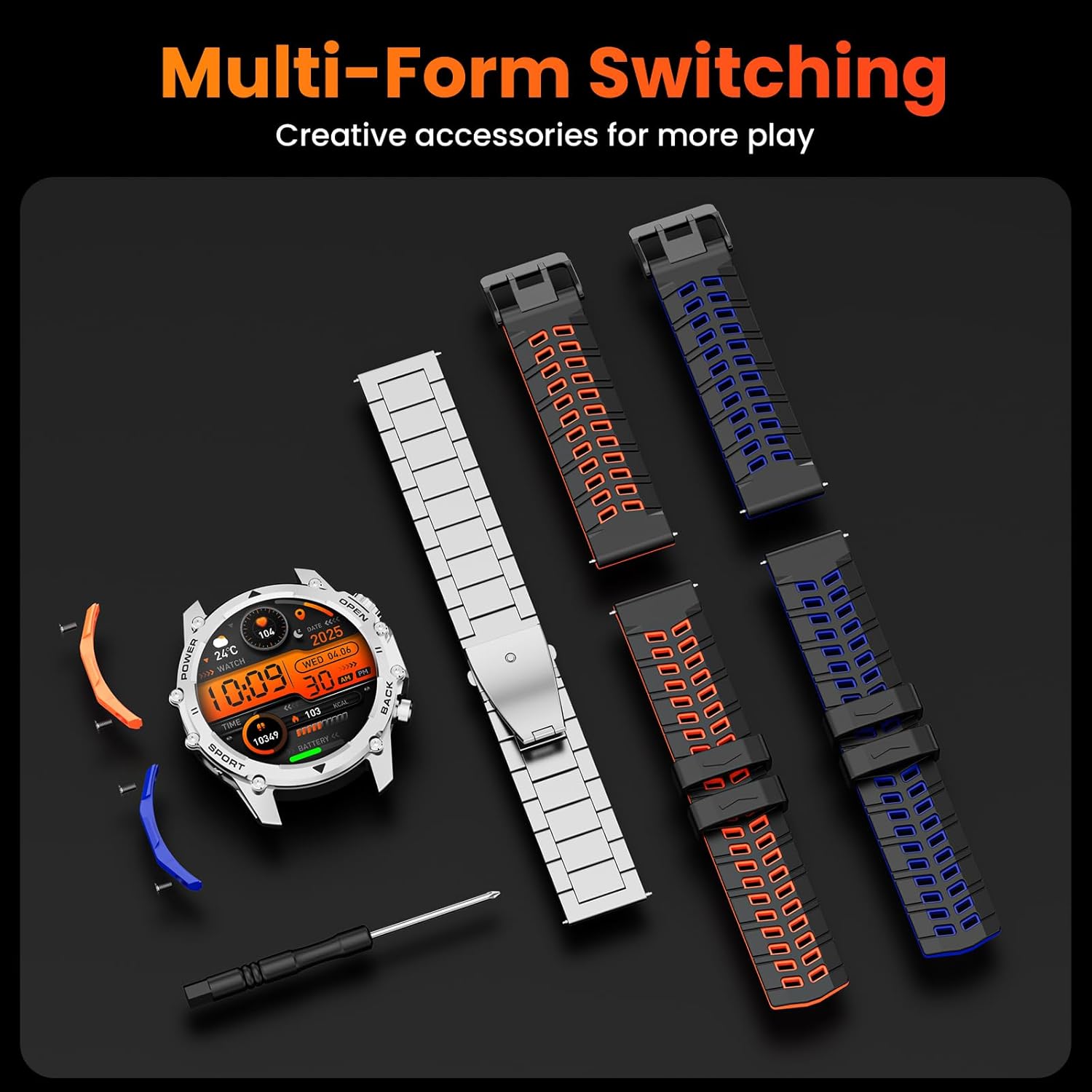 Hwagol i130 Smartwatch displaying various UI options and features like remote photography, stopwatch, voice assistant, music control, and weather forecast.