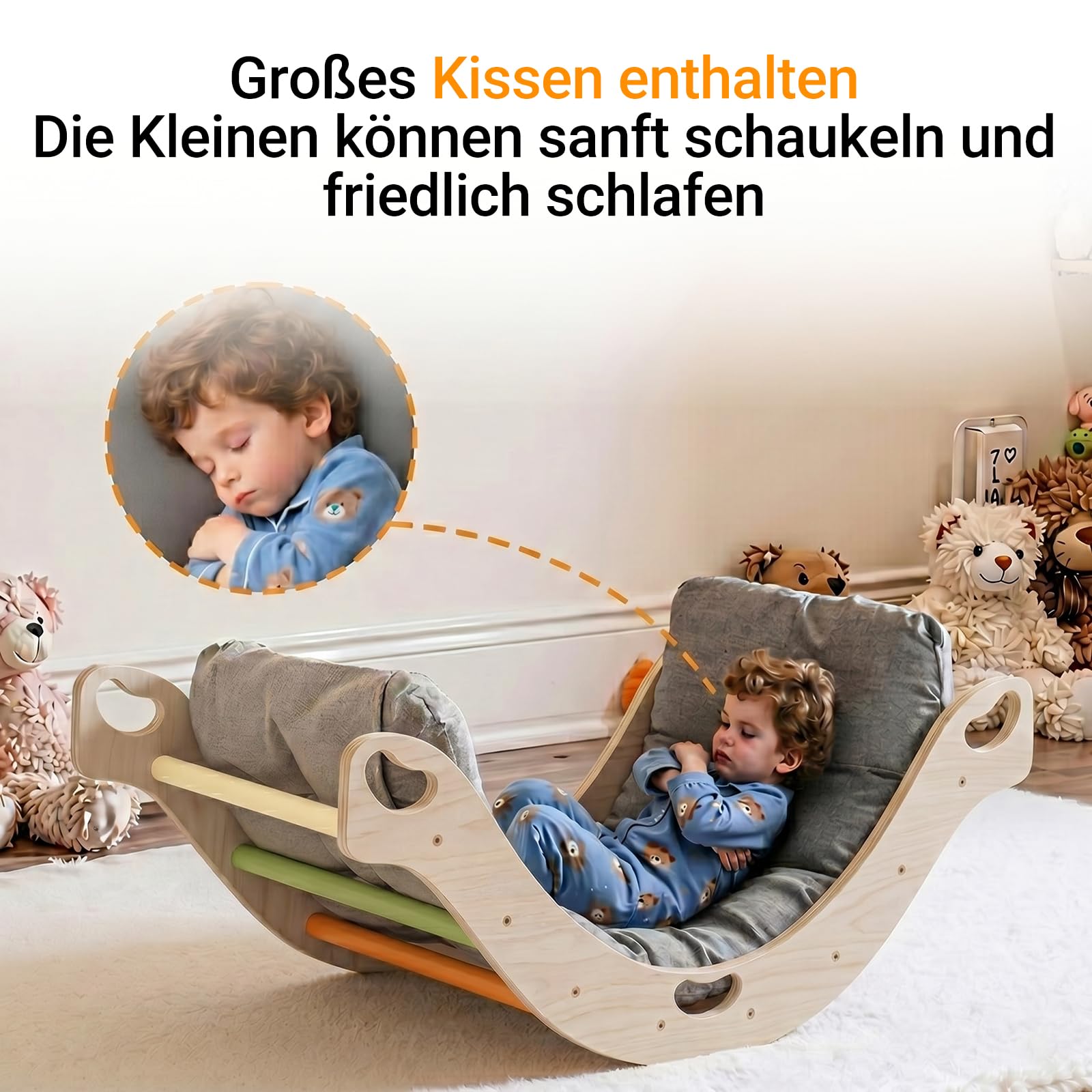 COSYLAND Montessori Kletterbogen aus Holz mit Kissen, Baby Kletterbogen ab 1 Jahr, Holzwippe Indoor zum Wippen, Klettern und Krabbeln, Bogenwippe Regenbogen
