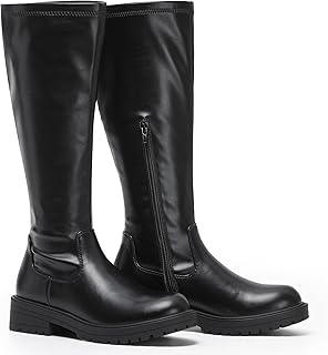 Women's Black Knee High Flat Riding Boots Stretch – Faux Leather Winte...