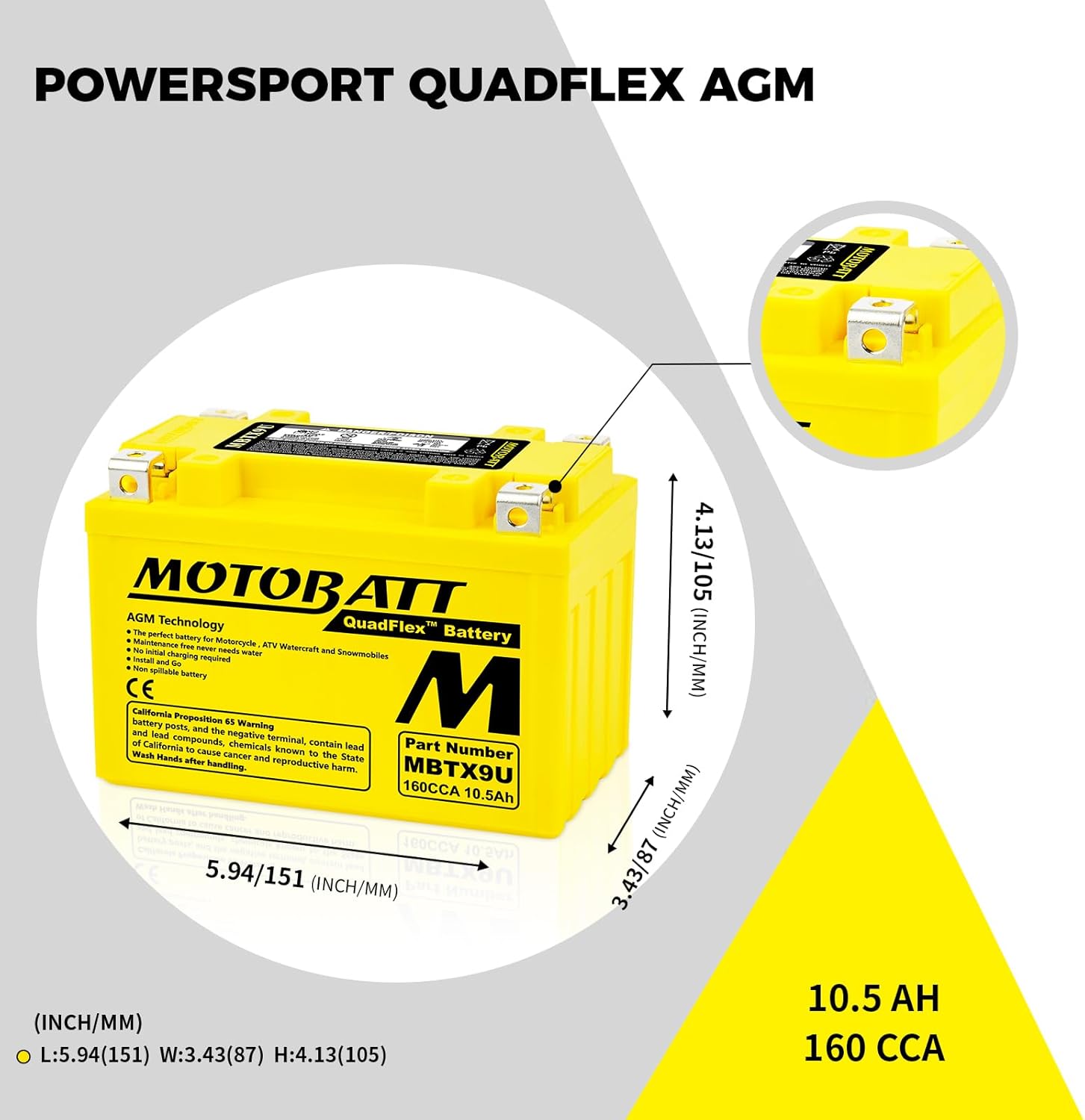 MotoBatt MBTX9U Battery 12V 10.5A 160CCA Factory Activated Quadflex AGM Battery Replaces -YTX9-BS, YT12A-BS, YTZ12S, YTZ14S, ETX9