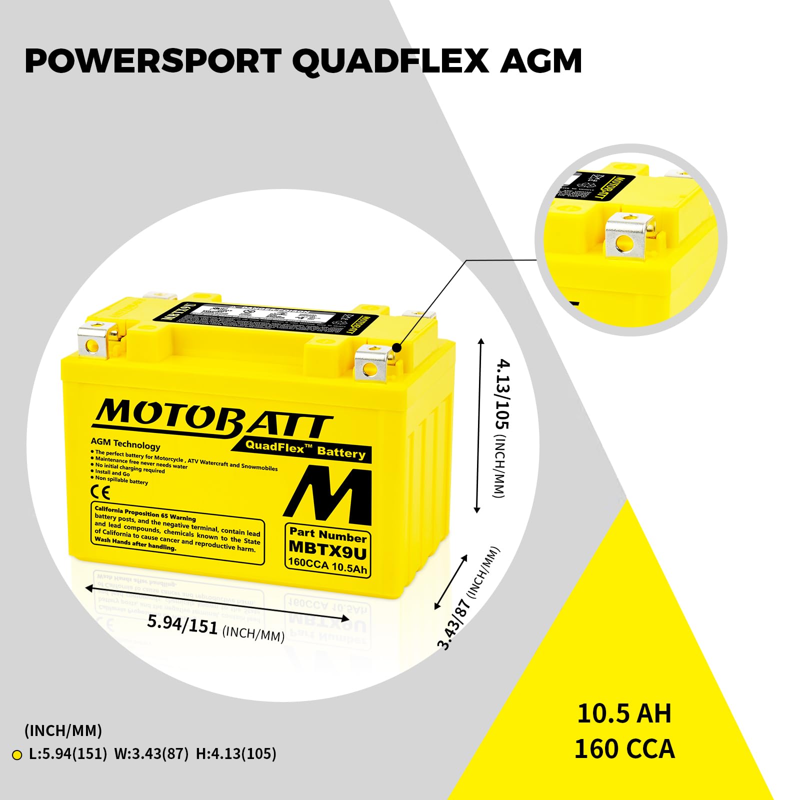 Batteria MotoBatt MBTX9U 12V 10,5Ah AGM Precaricata Sigillata ? Compatta, Potente e Senza Manutenzione, 151x87x105 mm per Moto e Scooter