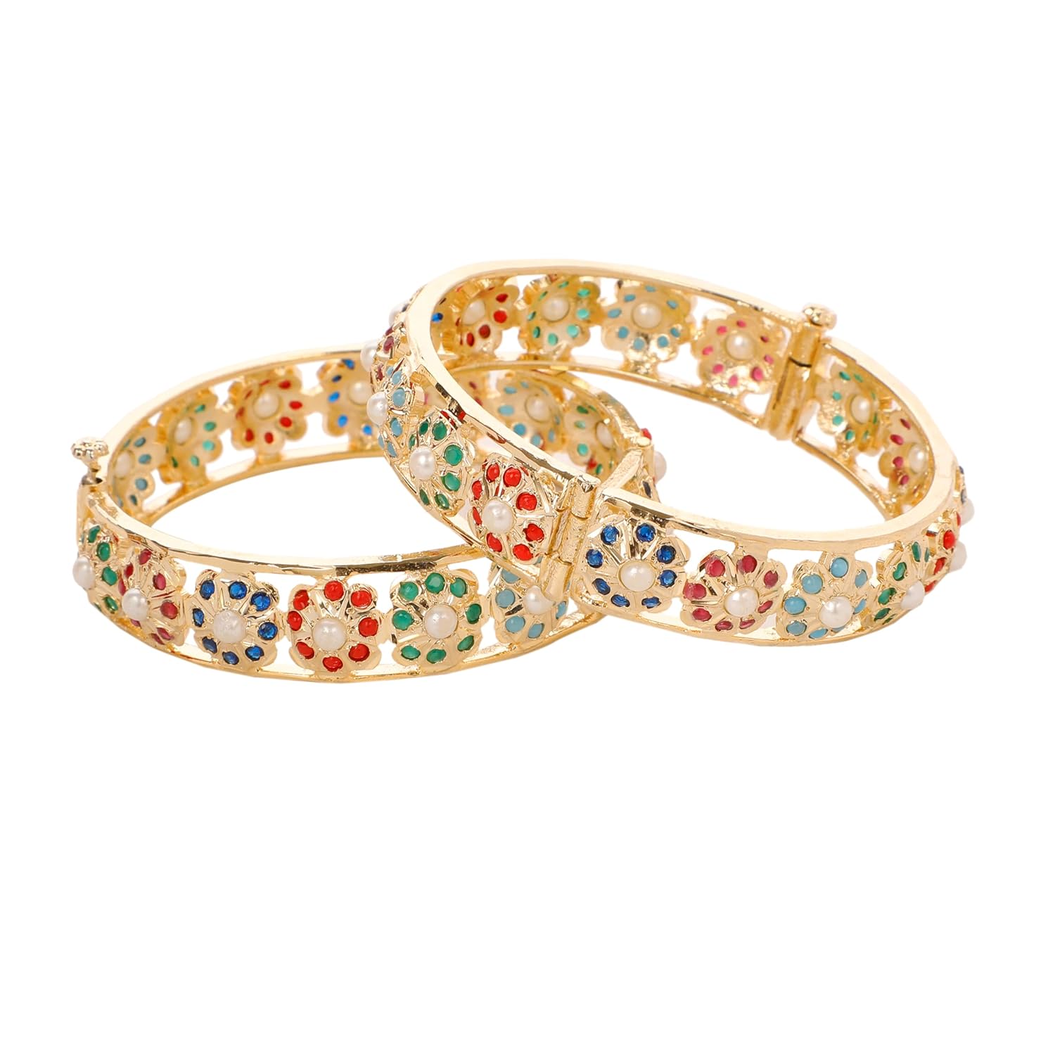Carat Charm Jadau Bridal Bangle, 22K Gold Plated, Pearl and Gemstone Embellished, White