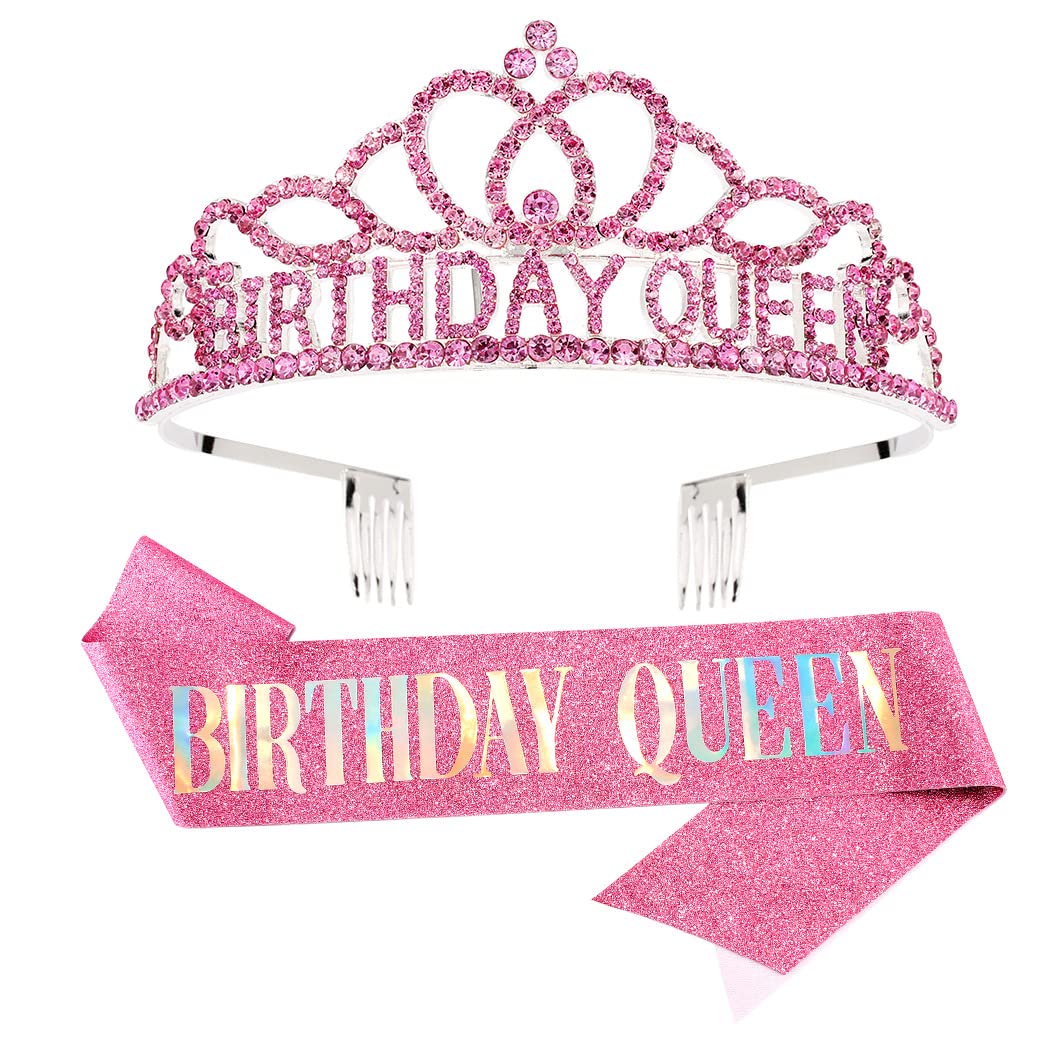 AOPRIE Birthday Crown for Women Birthday Queen Sash for Women Birthday Tiara for Women Birthday Girl Headband Princess Crown Rhinestone Happy Birthday Accessories Pink