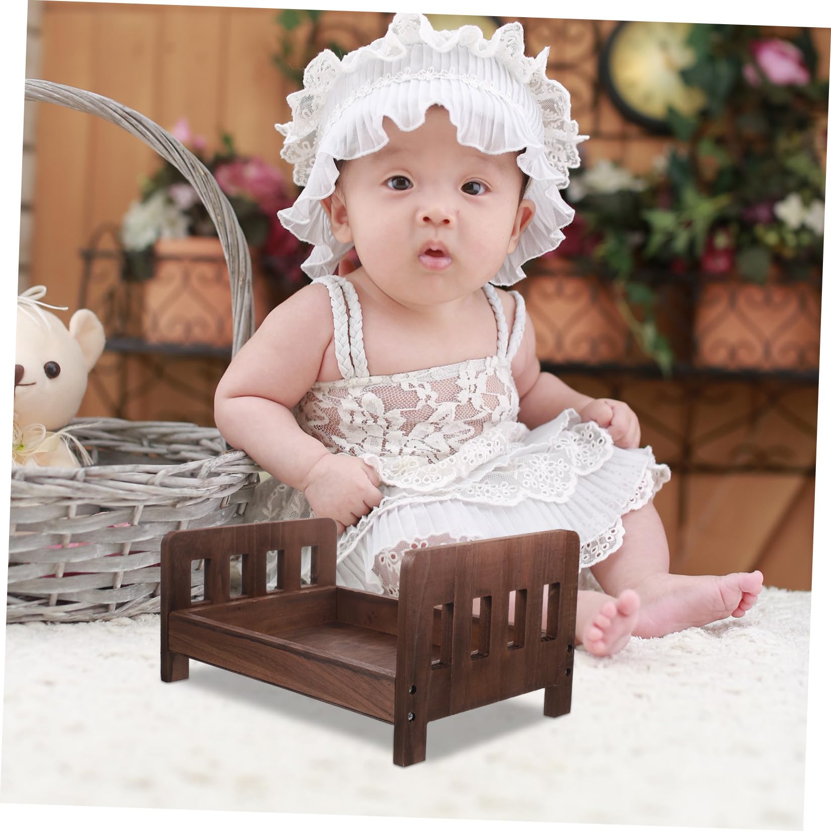 Housoutil Accesorios para Fotografía de Recién Nacidos Diseño Adorable Práctico y Resistente Cama de Madera Vintage para Sesiones de Fotos de Bebés