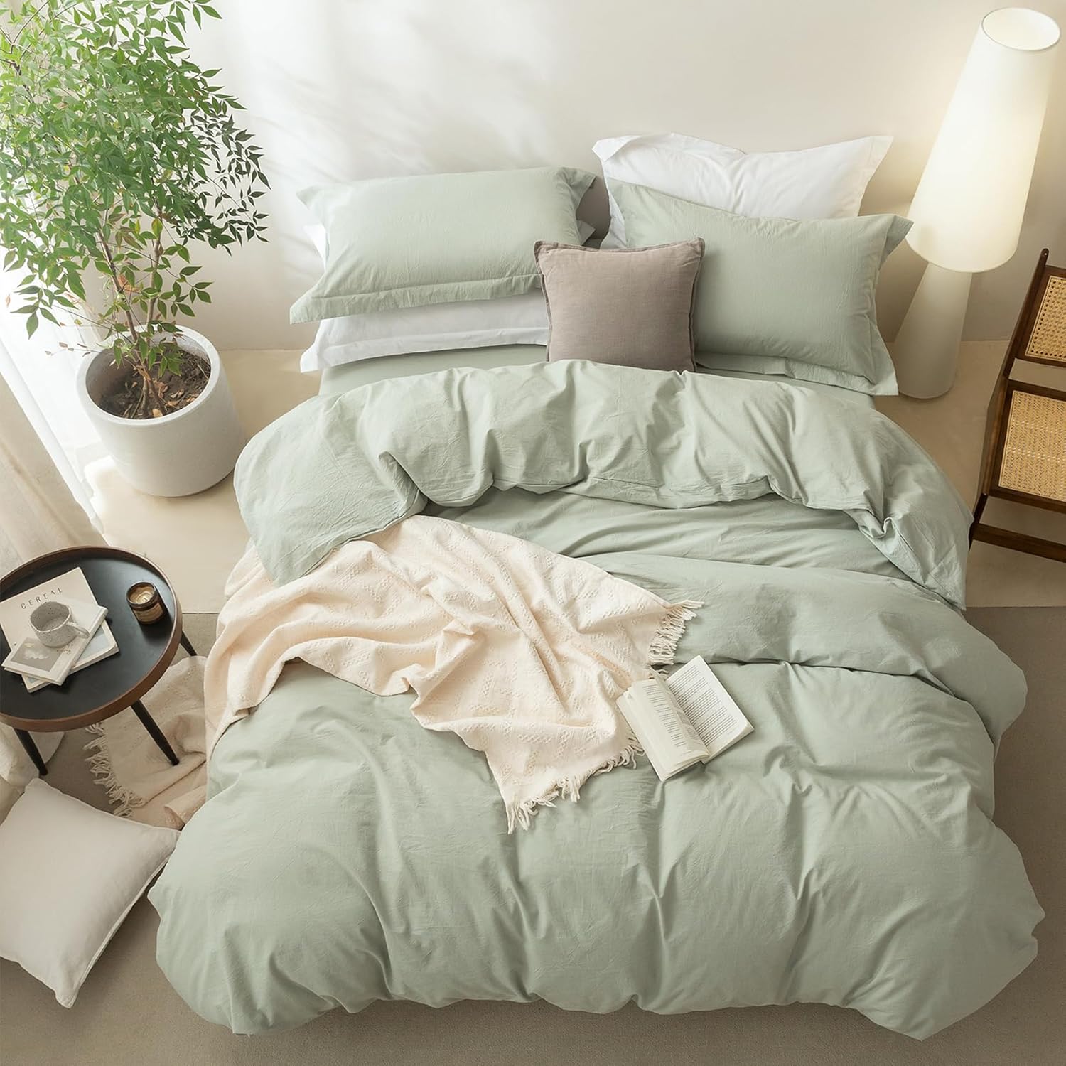 Linen Feel Sage Green Duvet Cover King Size 104'' W x 90'' L, Percale 100% Washed Cotton Duvet Cover with Zipper Closure Plus 2 Pillowcases, Oeko TEX Standard Certificated, Linen Feel and Cozy - Image 4