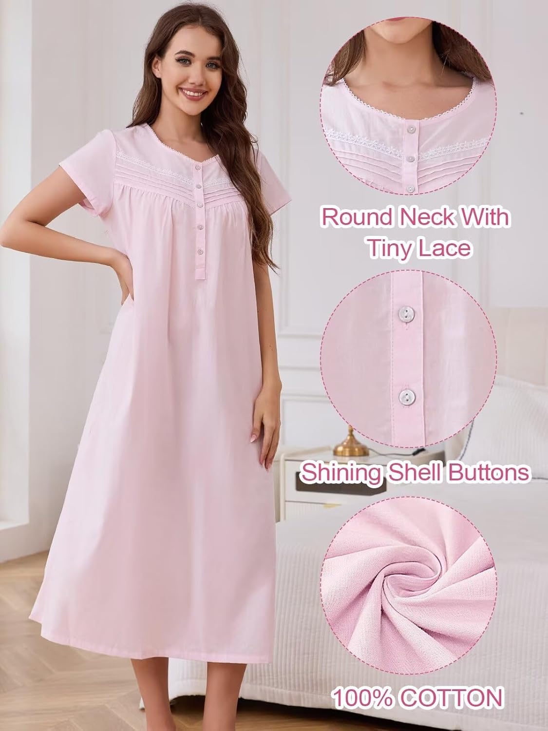 FMIRREO Women's Long Nightgowns Cotton Night Gowns for Adult Women Short Sleeves Sleepwear Lightweight House Dresses - Image 2