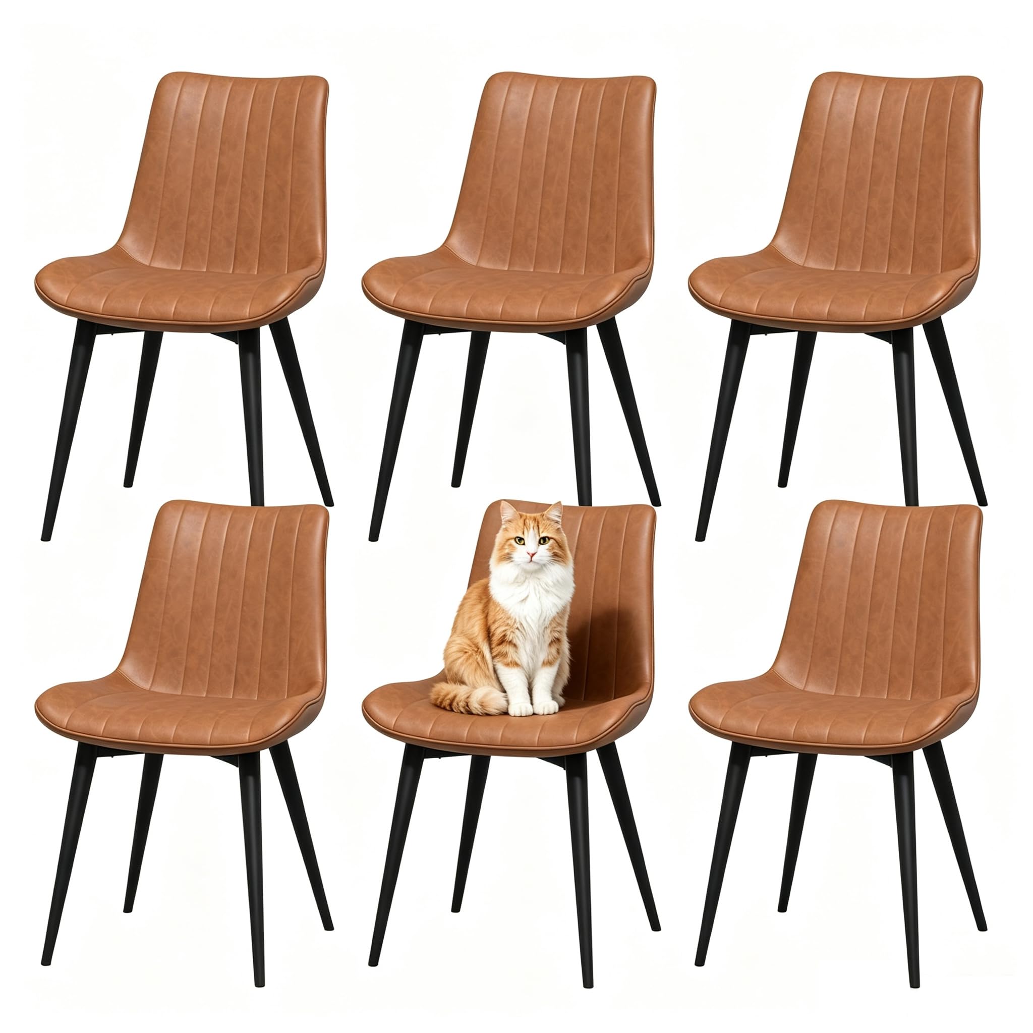 Dining Chairs Set of 6, Modern Faux Leather Upholstered Dining Room Chairs with Sturdy Metal Legs, Mid-Century Style Comfortable Seating for Kitchen, Living Room, Office, and Dining Room, Brown