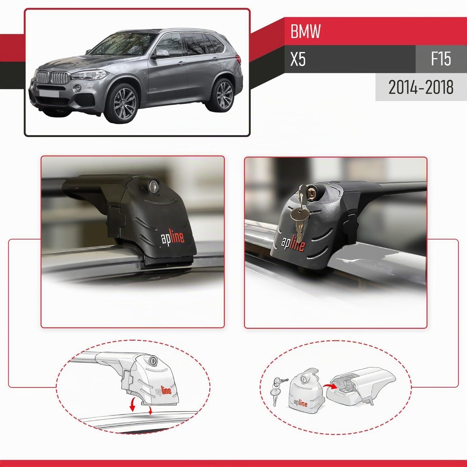 Kompatibel mit BMW X5 (F15) 2014-2018 ACE-2 Modell Relingträger Dachträger Auto Gepäckträger Schwarz Aluminium 2 Stangen