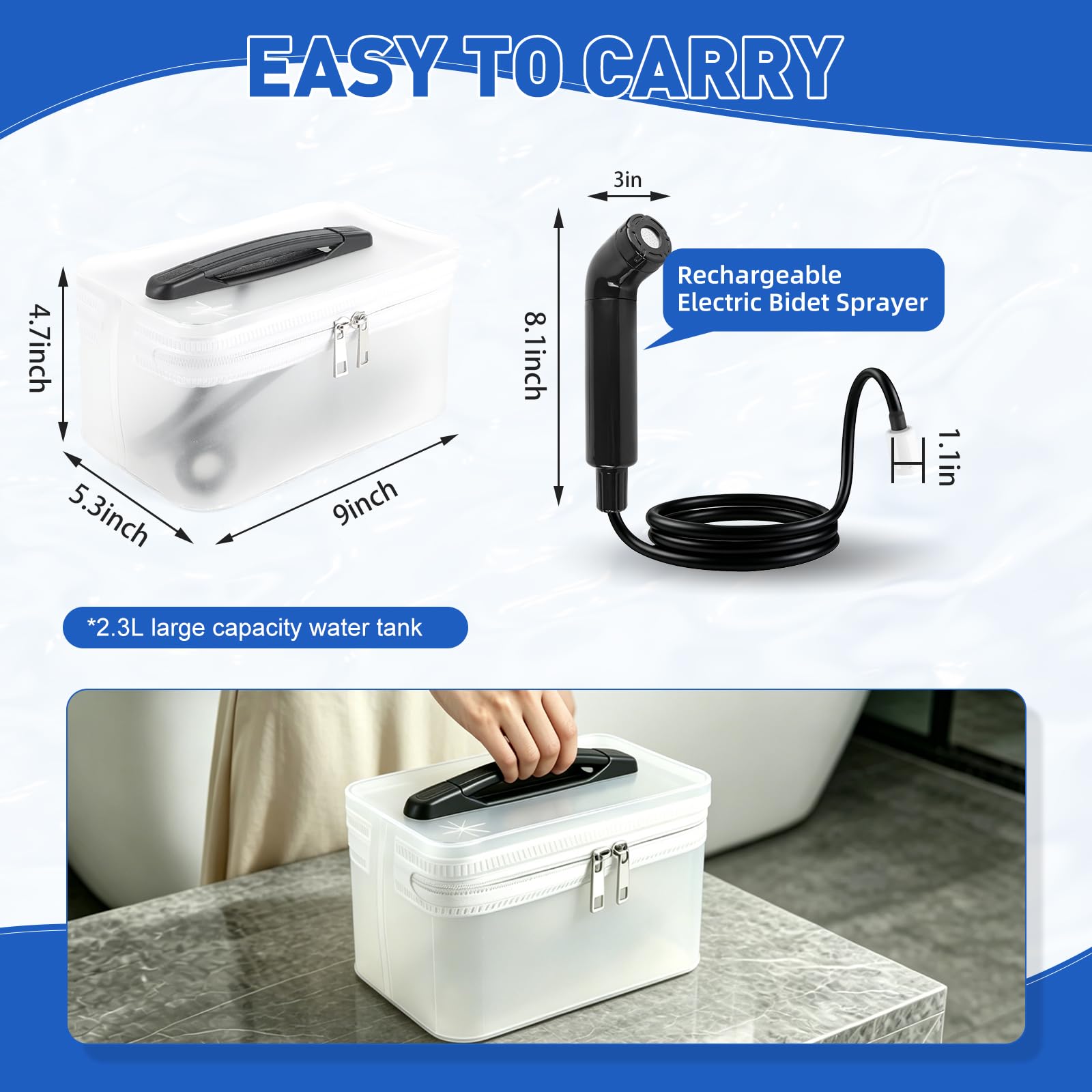 Bidet Portatile, 2.3L Bidet Elettrico, Spruzzatore Portatile per Bidet | Doccia Portatile Campeggio, Ideale per Bagno, Escursioni all'Aperto, Igiene Personale e Cura degli Animali