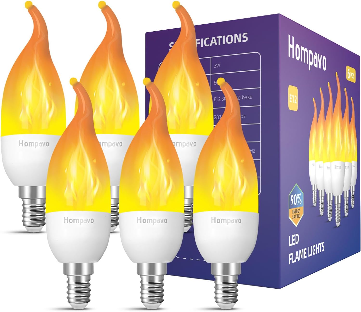 Hompavo 【Upgraded LED Flame Light Bulbs, 3 Modes Flickering Light Bulbs, E12 Chandelier Base Candle Fire Light Bulb for Christmas Halloween Party Porch Indoor & Outdoor Home Decoration - 6 Pack