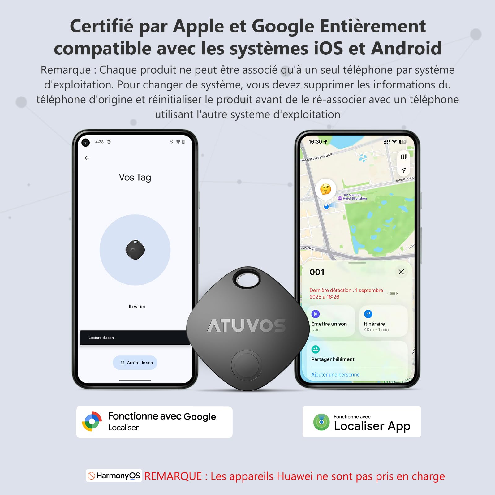 ATUVOS Android Air Tag Traceur Lot de 4, Smarttag Fonctionne avec l’app Google et Apple Localiser, Localisateurs Bluetooth Tracker pour Les Clés/Portefeuilles/Valises/Bagages, Batterie Remplaçable