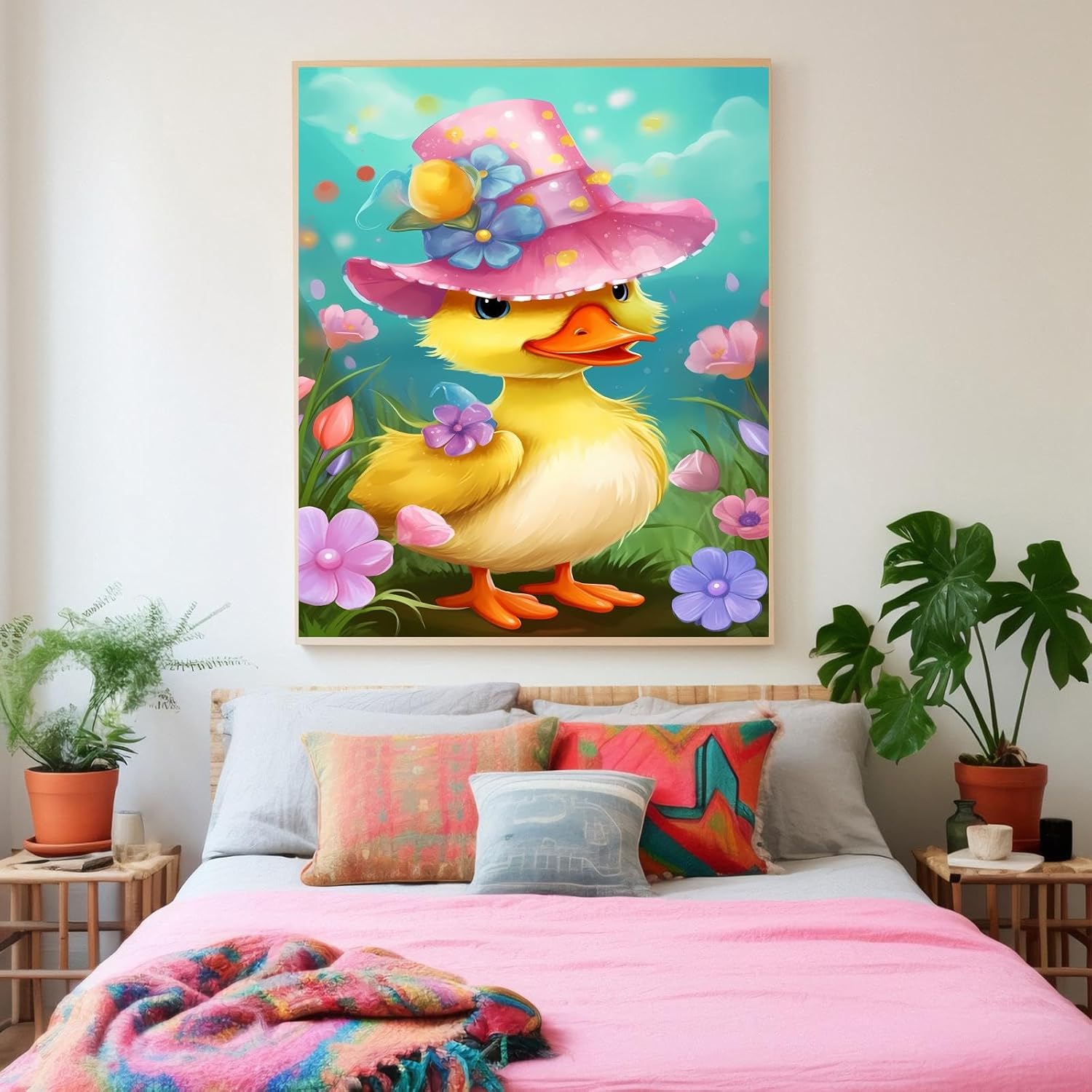 GUAIEUW Frameless Canvas Pink Hat Duck Diamond Painting Kit DIY 5D Full Round Diamond HD Picture Diamond Dot Painting Art Craft Gift, Wall Decor Room Office Hangable 20x30 Inch