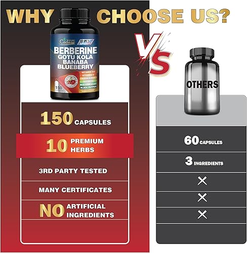 Miniatura 4 de Organic Cadane Extracto de berberina premium 351 - Suplemento de berberina 10 en 1 con Gotu Kola, hoja de banaba y más - 150 cápsulas para apoyo al