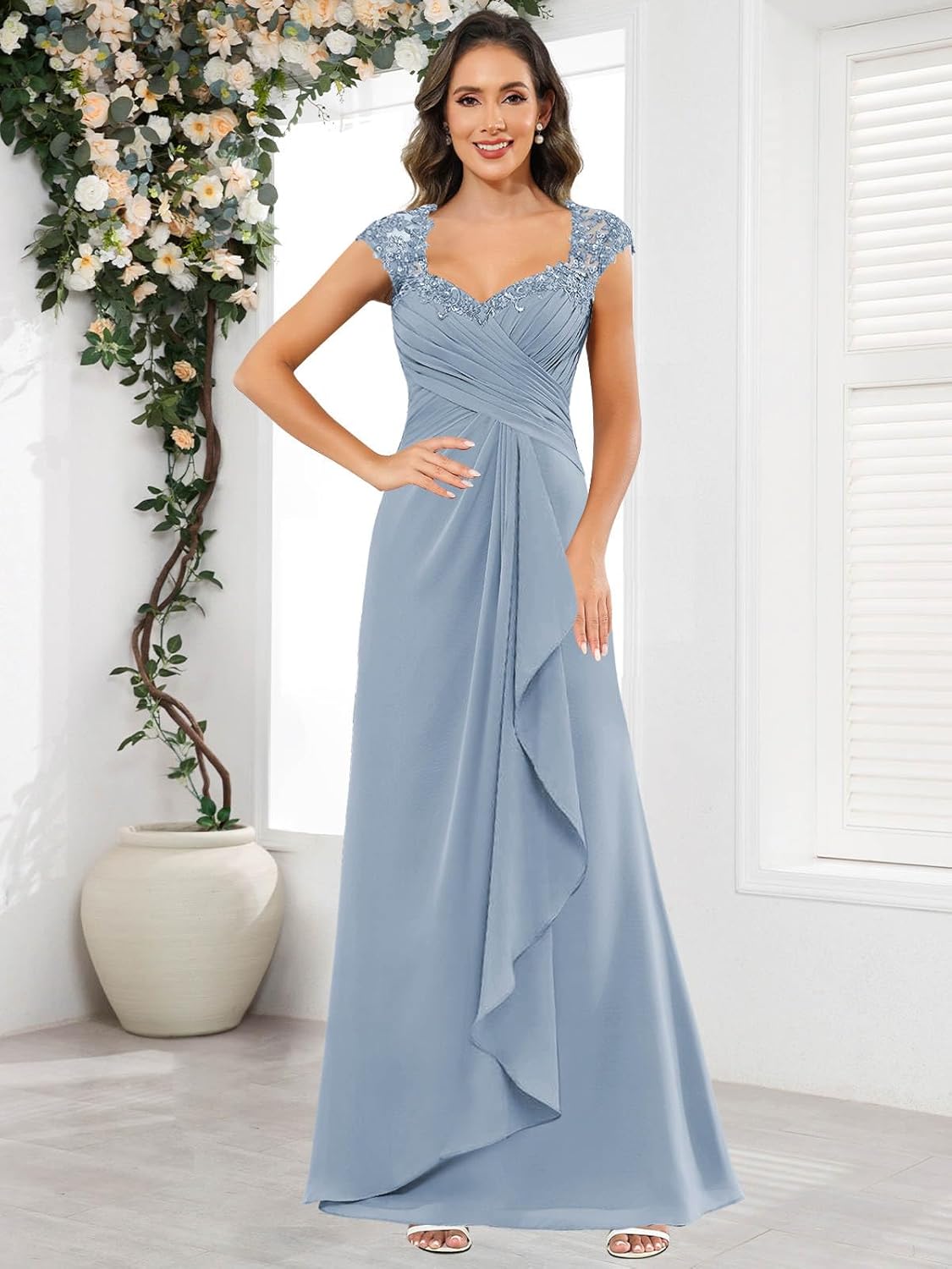 Cap Sleeve Mother of The Bride Dresses V Neck Chiffon Lace Formal Gown Long Ruffle Bridesmaid Dress - Image 4